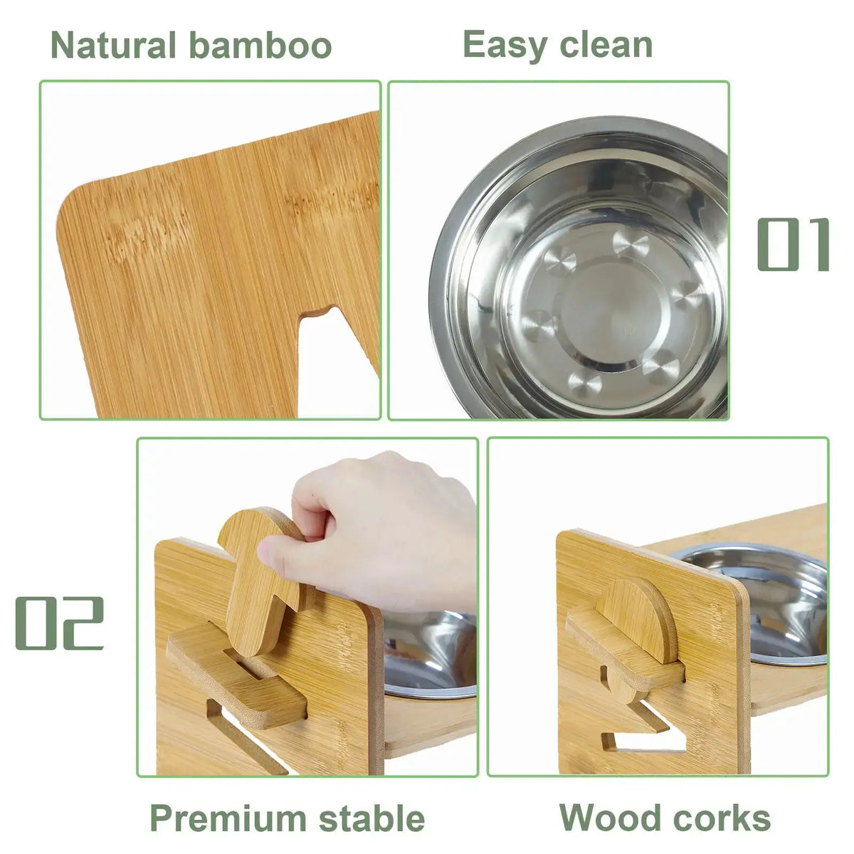 Wooden Raised Cat Bowls, Food Container, Drinking Dish, Bamboo Stand, Stainless Bowl, Height Adjustable by PawHaven