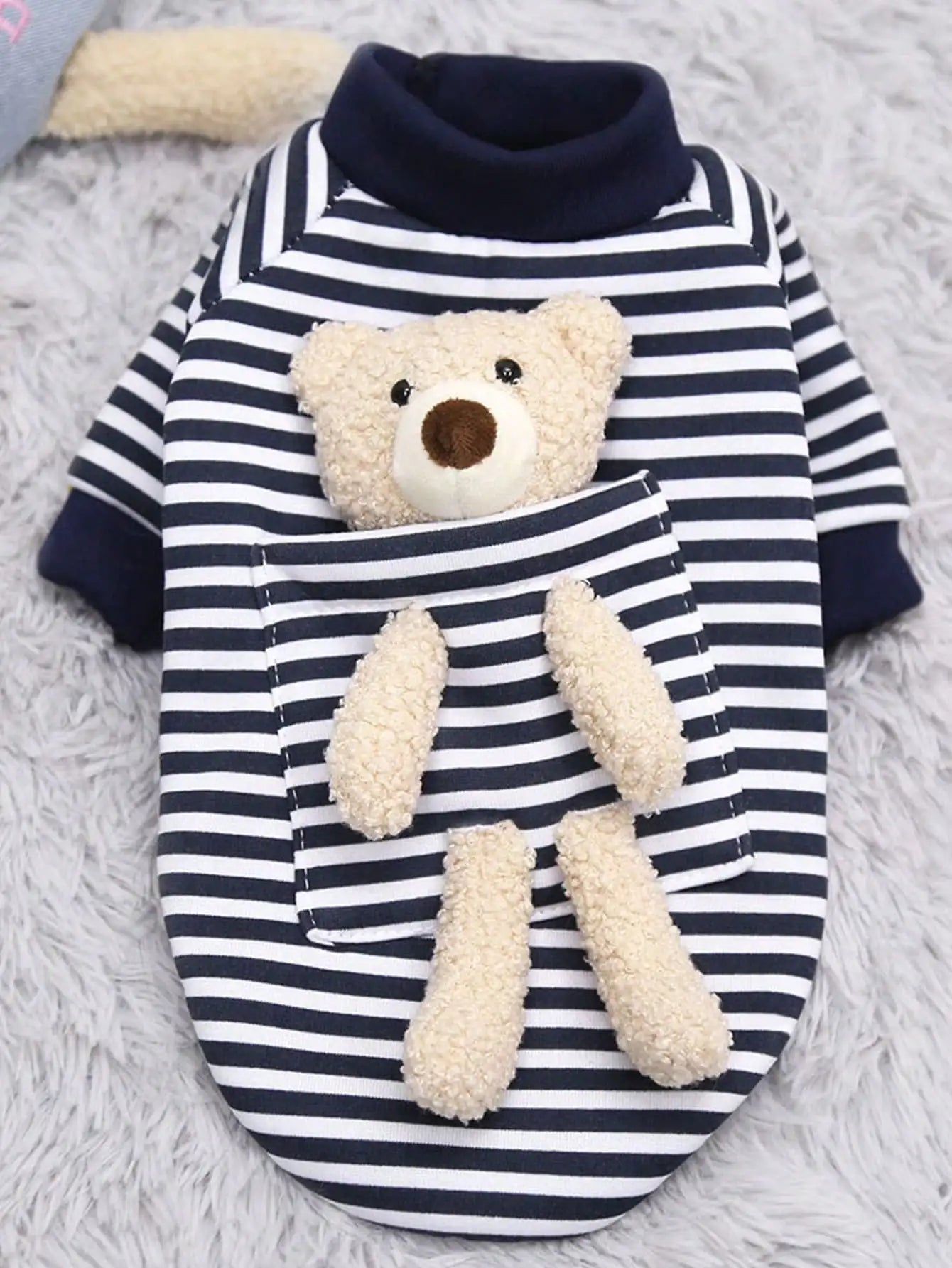 1pc Cute Pocket Bear Striped Dog Sweatshirt, Pet Clothes For Small And Medium-sized Cats And Dogs Velvet Sweater by PawHaven