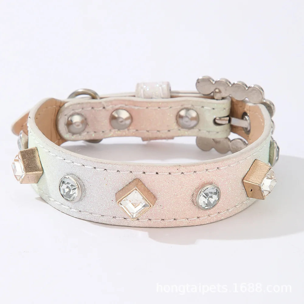 PU Dog Collar Artificial Leather Rhinestone Puppy Necklace Pendant Pet Cat Collar by PawHaven