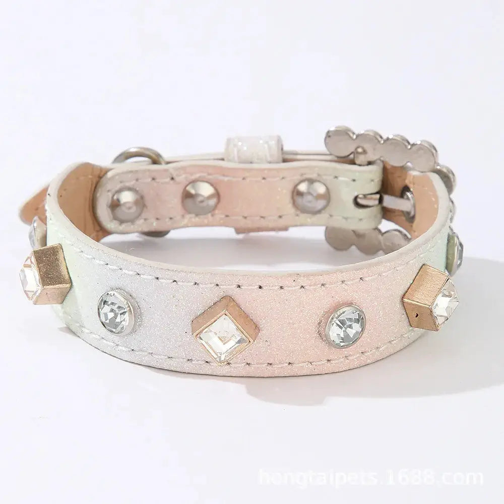 PU Dog Collar Artificial Leather Rhinestone Puppy Necklace Pendant Pet Cat Collar by PawHaven