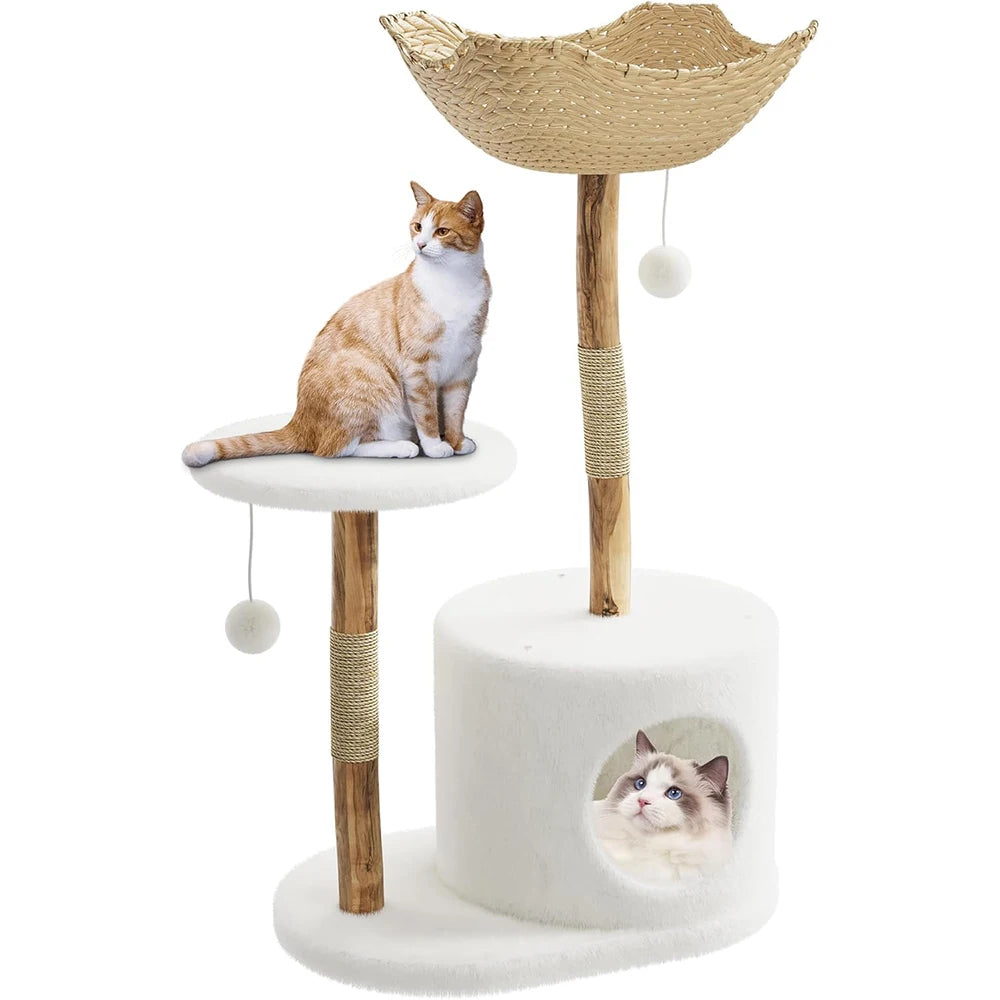Real Wood Modern Cat Tree Tower With Wicker Condo Scratching Post Bed Boho Luxury Pet Furniture Indoor Cats Space-Saving by PawHaven