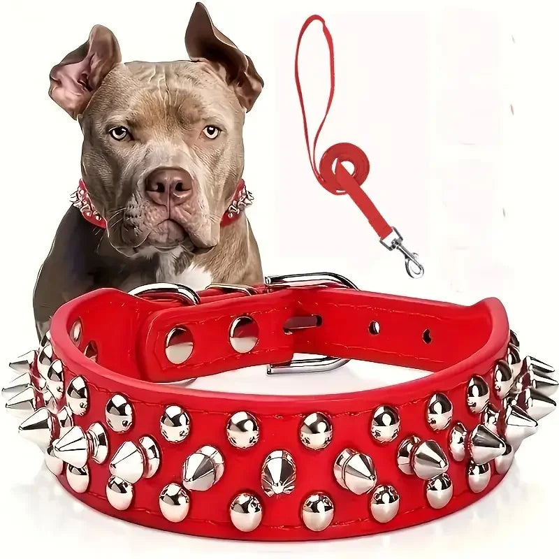 Spiked Dog Collar And Leash Set, Rivet Leather Dog Collar Adjustable Dog Collar For Outdoor Walking by PawHaven