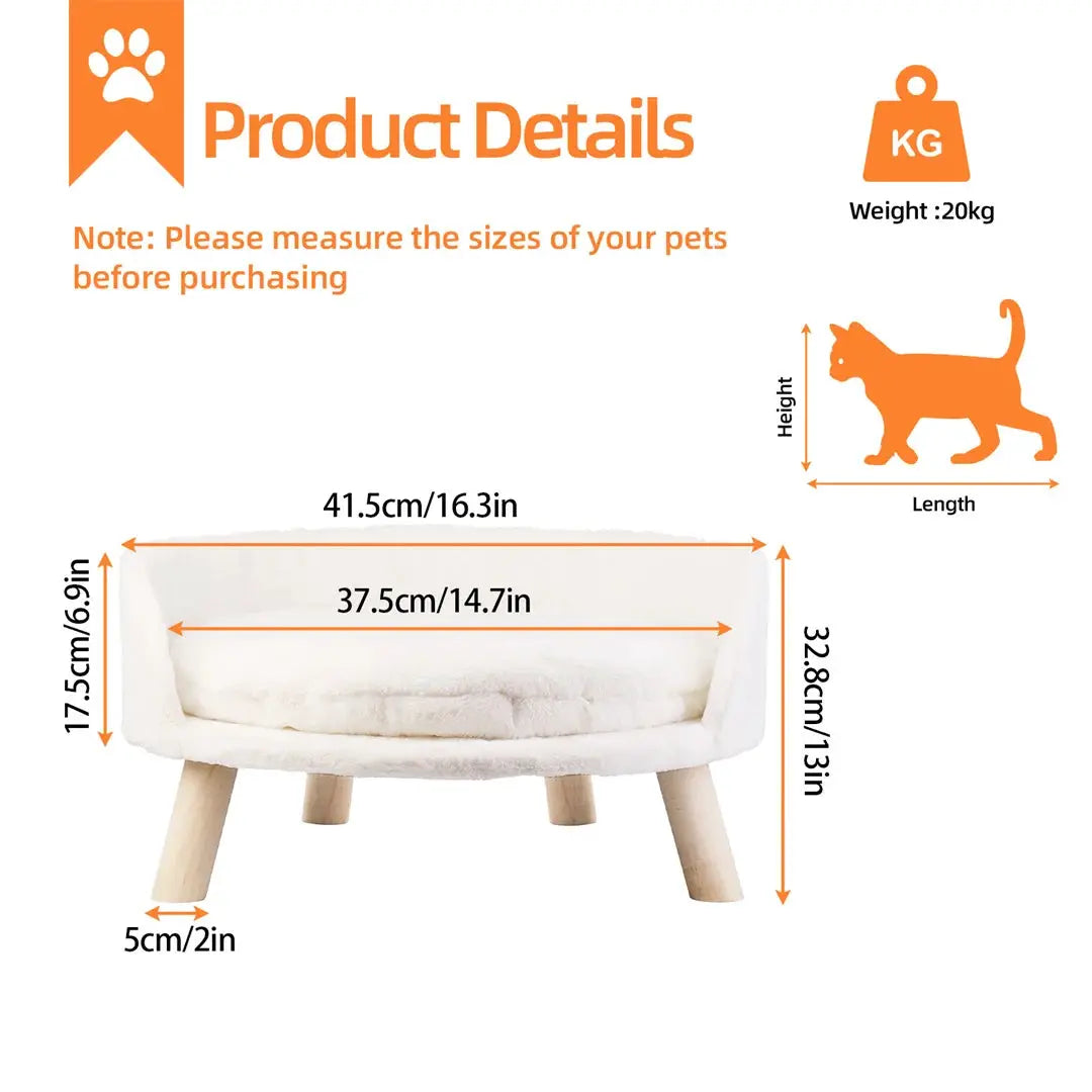 Luxury Cat Bed Soft Warm Plush Fabric Pet Nesting Chair Bed Stool Wood Legs with Cushion Pad Washable Waterproof for Small Pets by PawHaven
