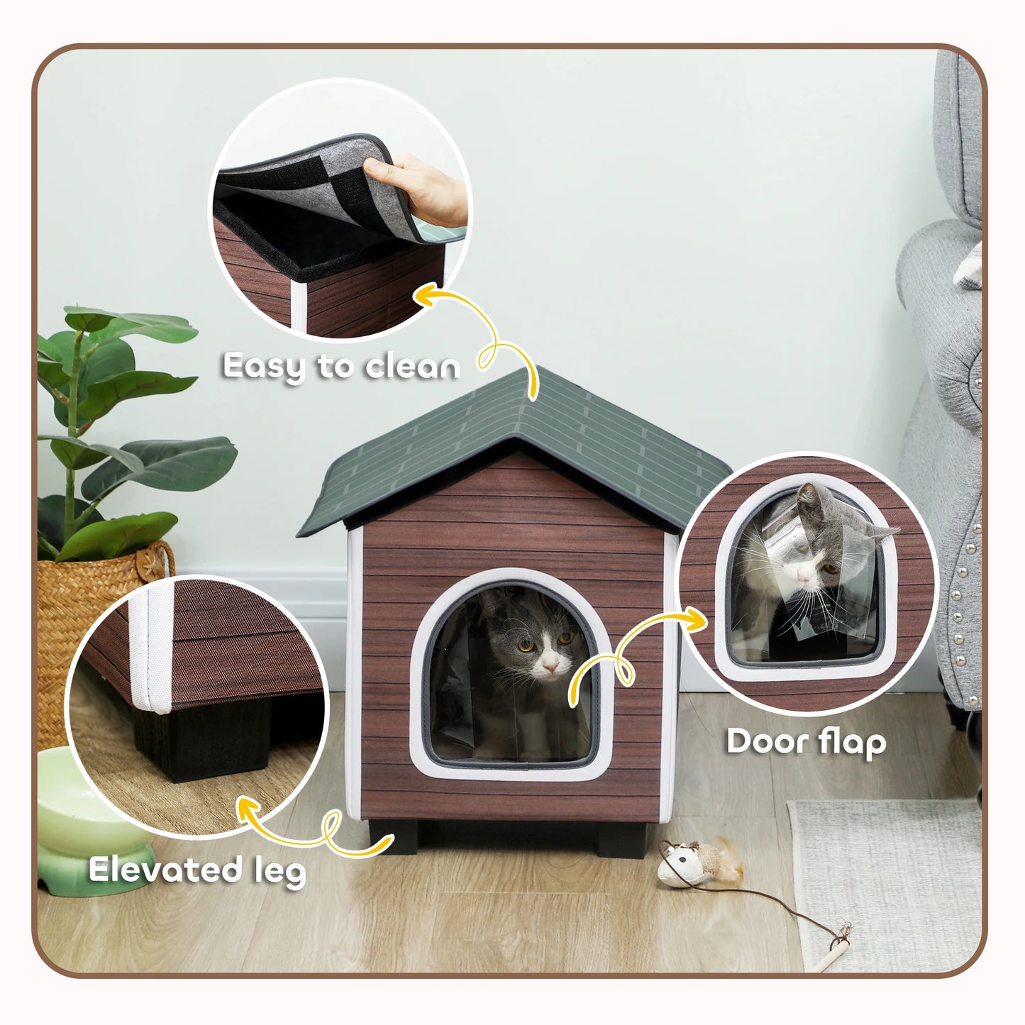 PawHut Outdoor Cat House with Elevated Base, Cushion, Red-brown by PawHaven