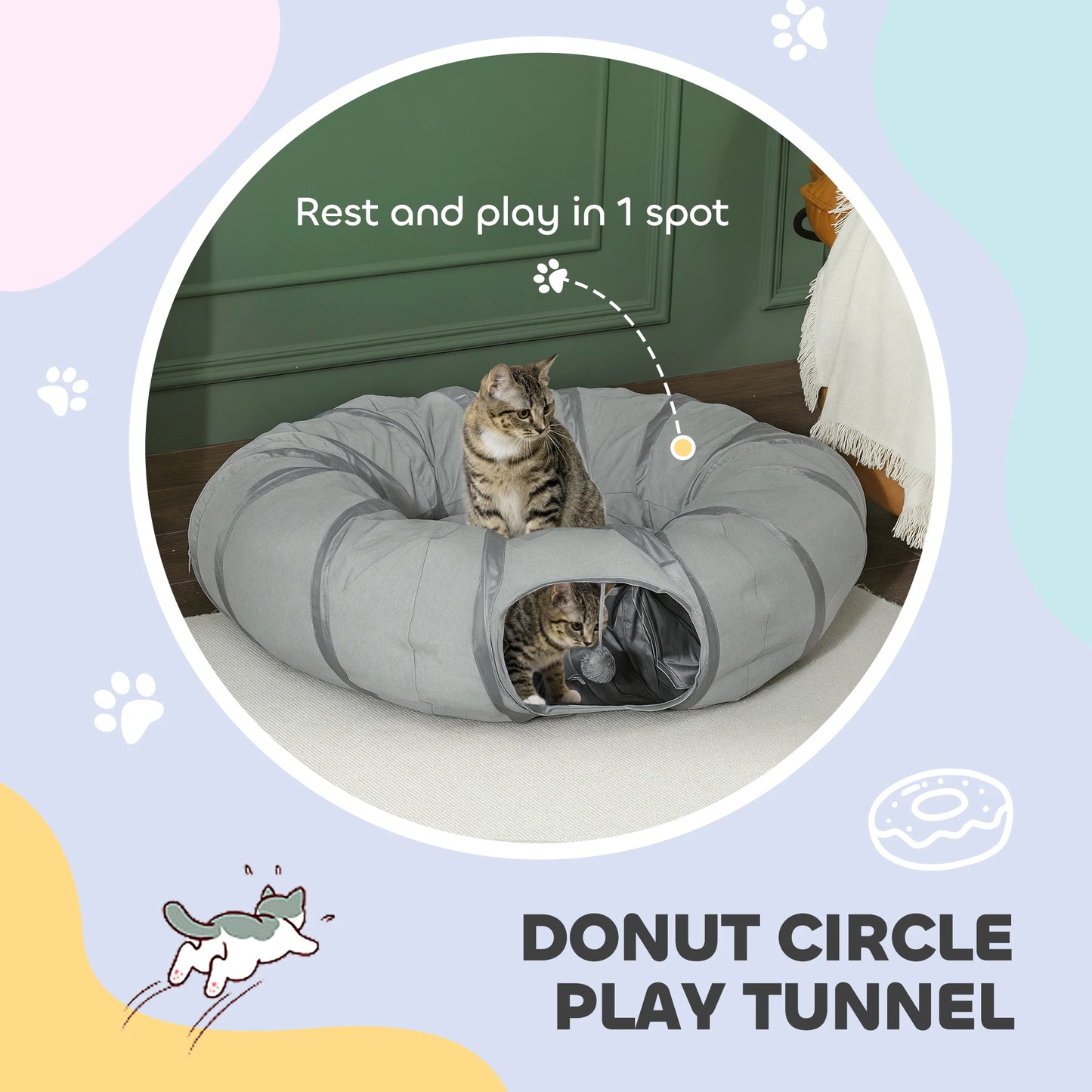 PawHut 2 in 1 Cat Tunnel with Bed, Cat Play Tunnel for Indoor Cats, Grey by PawHaven