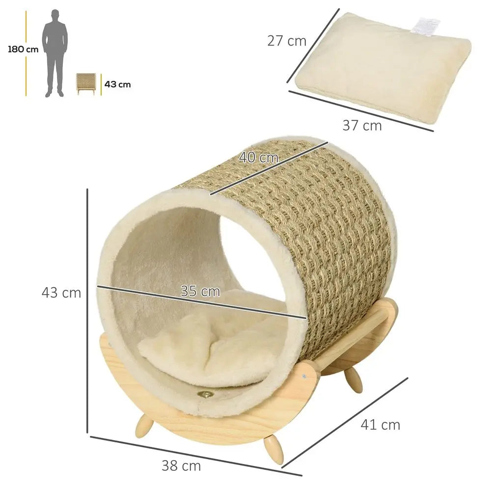Raised Cat House Kitten Bed Pet Shelter Wrapped with Scratcher Soft Cushion, 41 x 38 x 43 cm, Beige by PawHaven