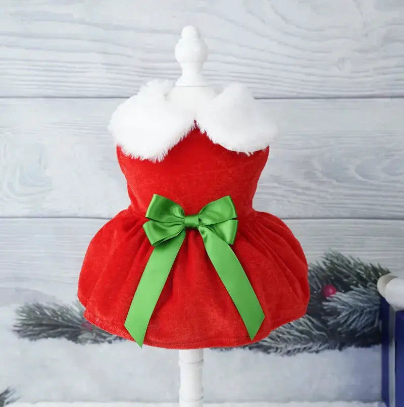 Christmas Velvet Dog Dress with Furry Collar, Festive Pet Outfit for Small & Medium Dogs by PawHaven