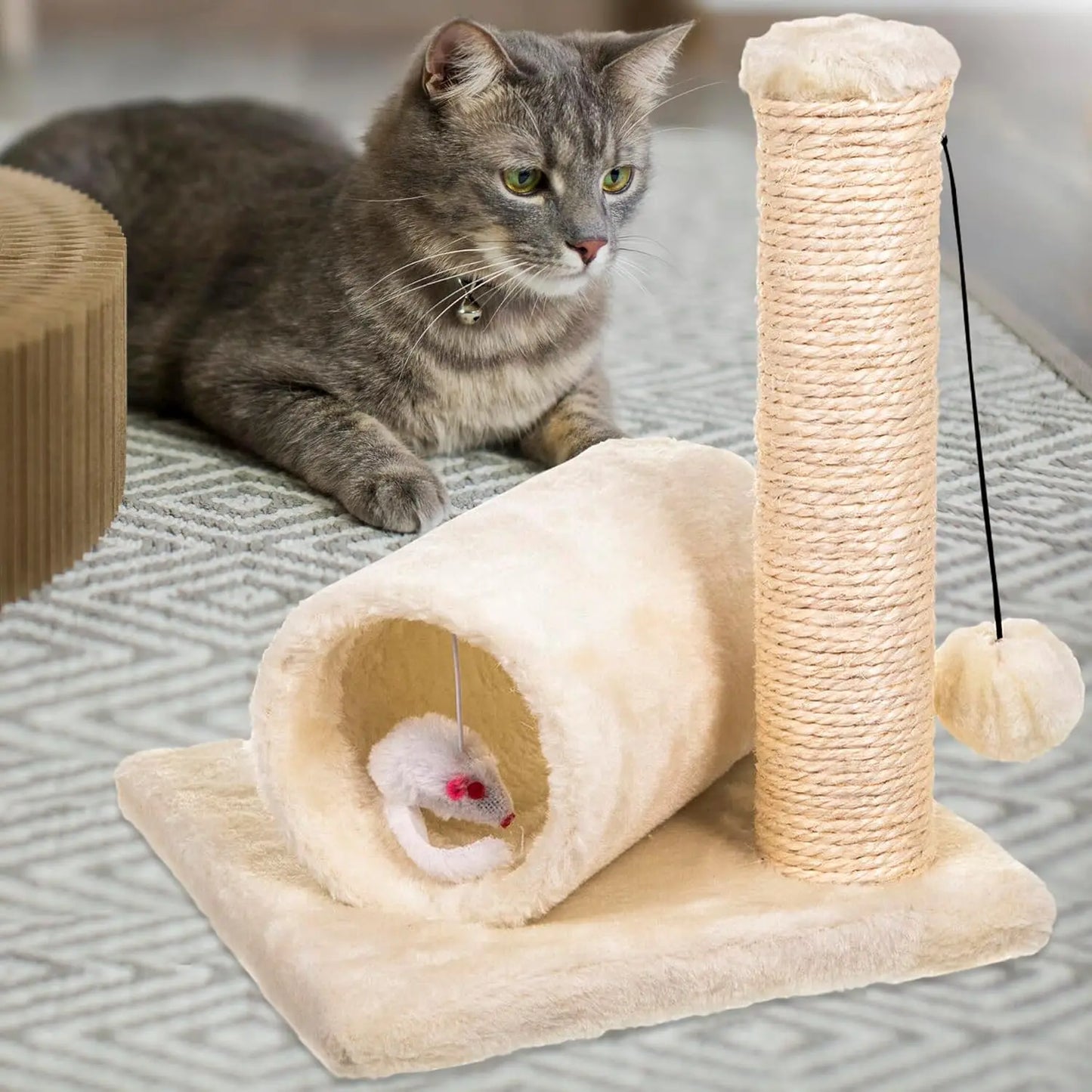 Cat Scratching Post with Tunnel & Mouse Toy Sisal Kitten Tower Activity Centre Hanging Ball Durable Easy Assemble Indoor Cats by PawHaven