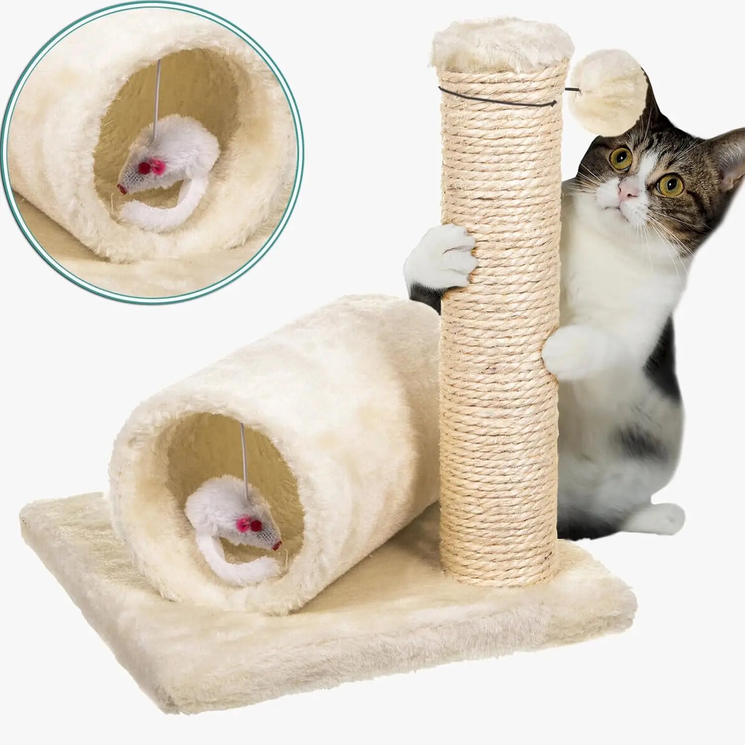Cat Scratching Post with Tunnel & Mouse Toy Sisal Kitten Tower Activity Centre Hanging Ball Durable Easy Assemble Indoor Cats by PawHaven