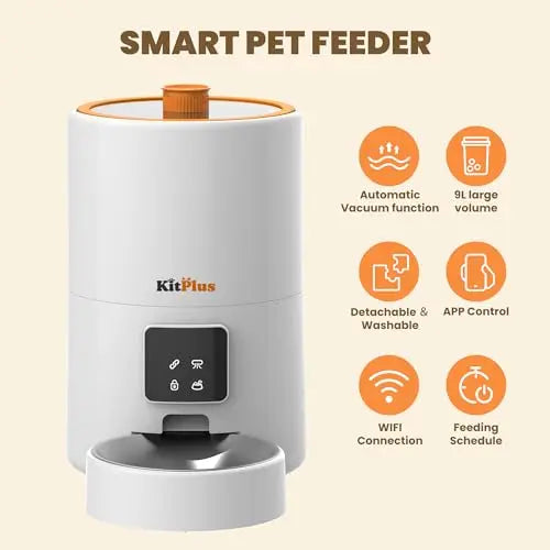 KITPLUS Vacuum Automatic Cat Feeder, 9L Cat Food Dispenser, App Timer to Feeder, Keep Food Fresh, Lock Lid, 10 meals for dog cat by PawHaven