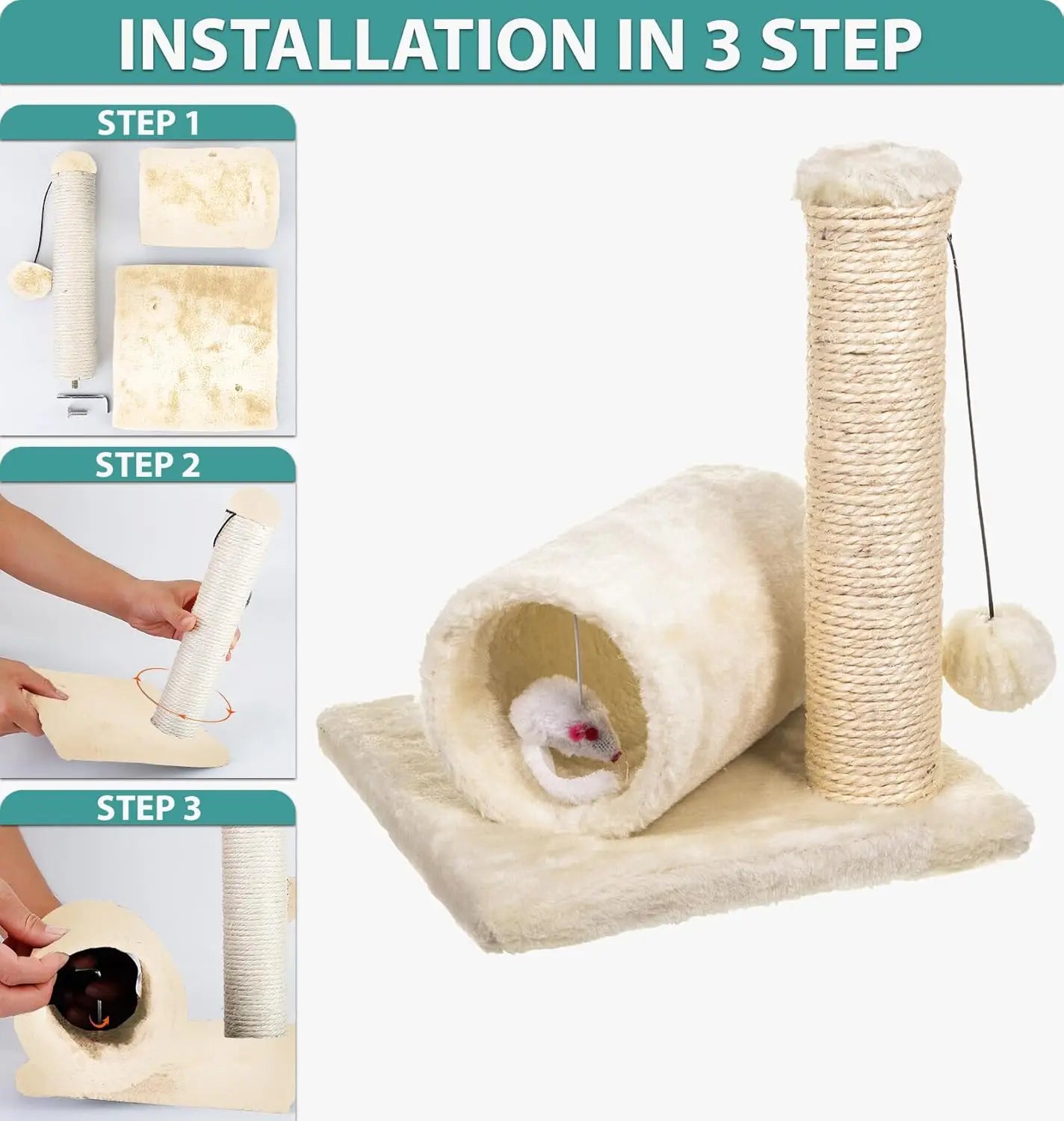 Cat Scratching Post with Tunnel & Mouse Toy Sisal Kitten Tower Activity Centre Hanging Ball Durable Easy Assemble Indoor Cats by PawHaven