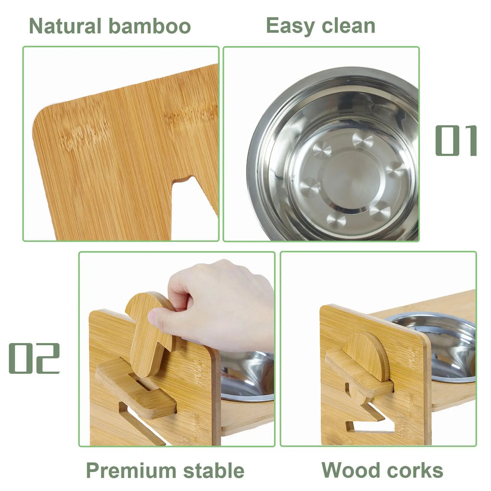 Wooden Raised Cat Bowls, Food Container, Drinking Dish, Bamboo Stand, Stainless Bowl, Height Adjustable by PawHaven