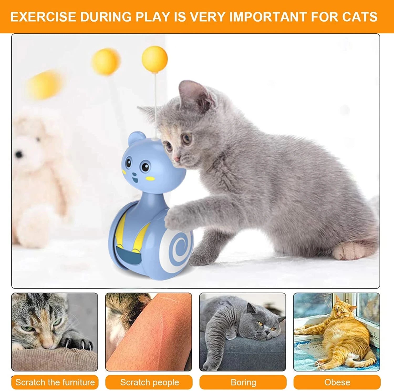 Cat Interactive Feather Toys Pet Bumbler Funny Toy Interactive Cats Toys Cat Rolling Teaser Feather Wand Toys Rotating Ball by PawHaven