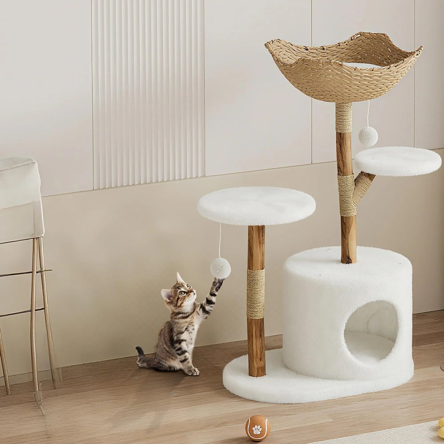 Real Wood Modern Cat Tree Tower With Wicker Condo Scratching Post Bed Boho Luxury Pet Furniture Indoor Cats Space-Saving by PawHaven