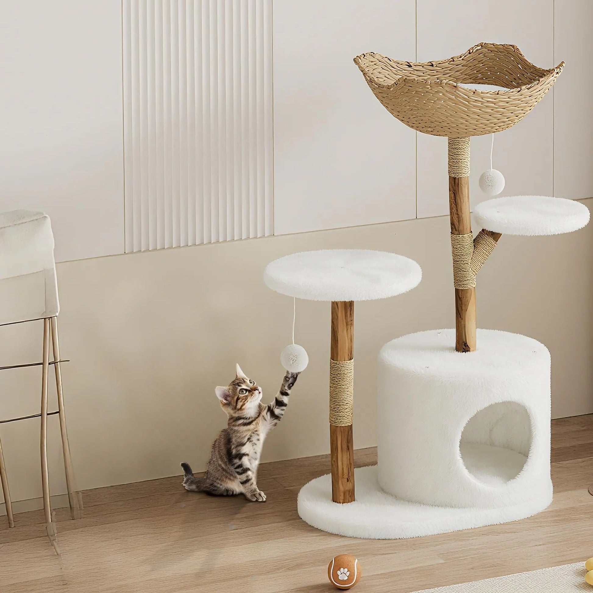 Real Wood Modern Cat Tree Tower With Wicker Condo Scratching Post Bed Boho Luxury Pet Furniture Indoor Cats Space-Saving by PawHaven