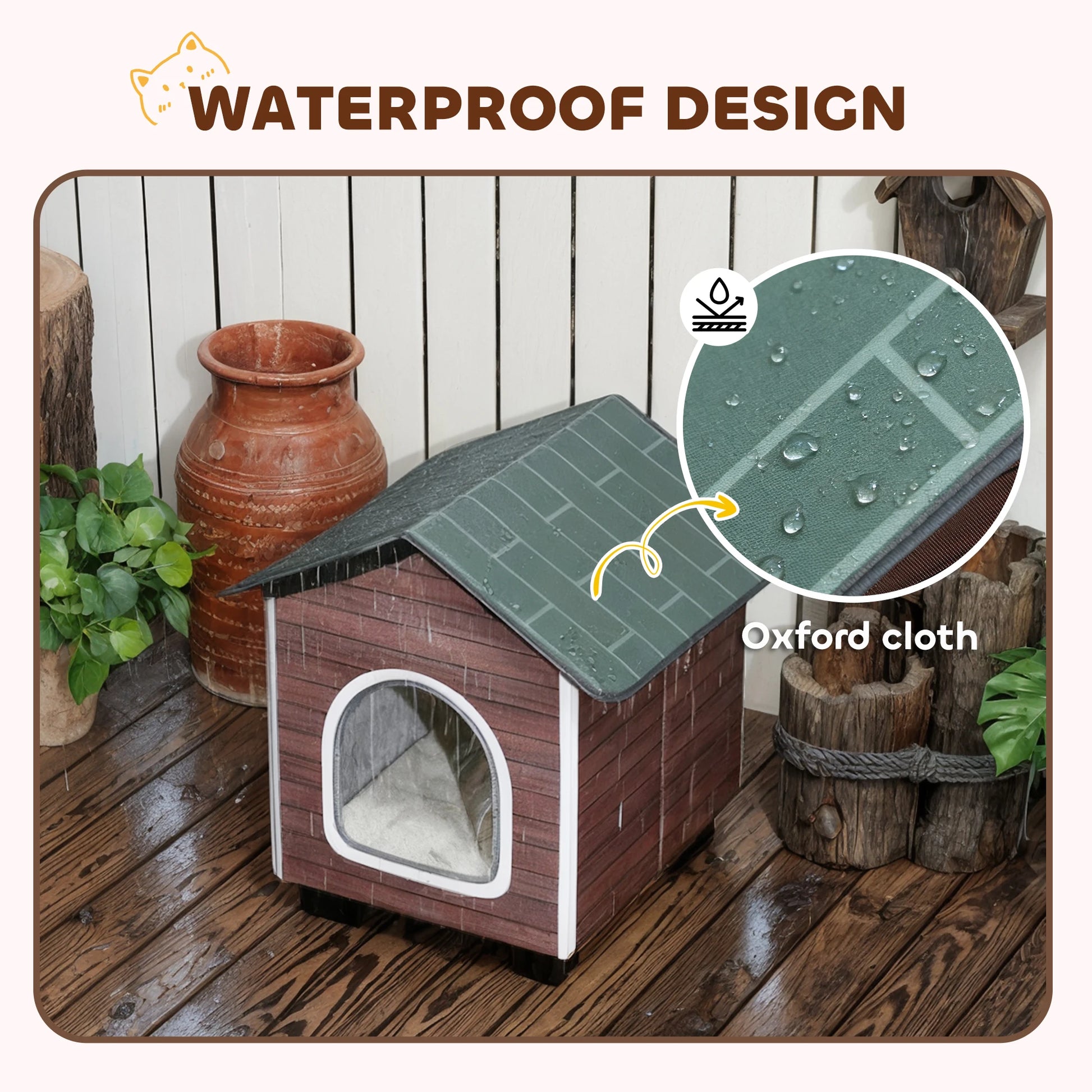 PawHut Outdoor Cat House with Elevated Base, Cushion, Red-brown by PawHaven