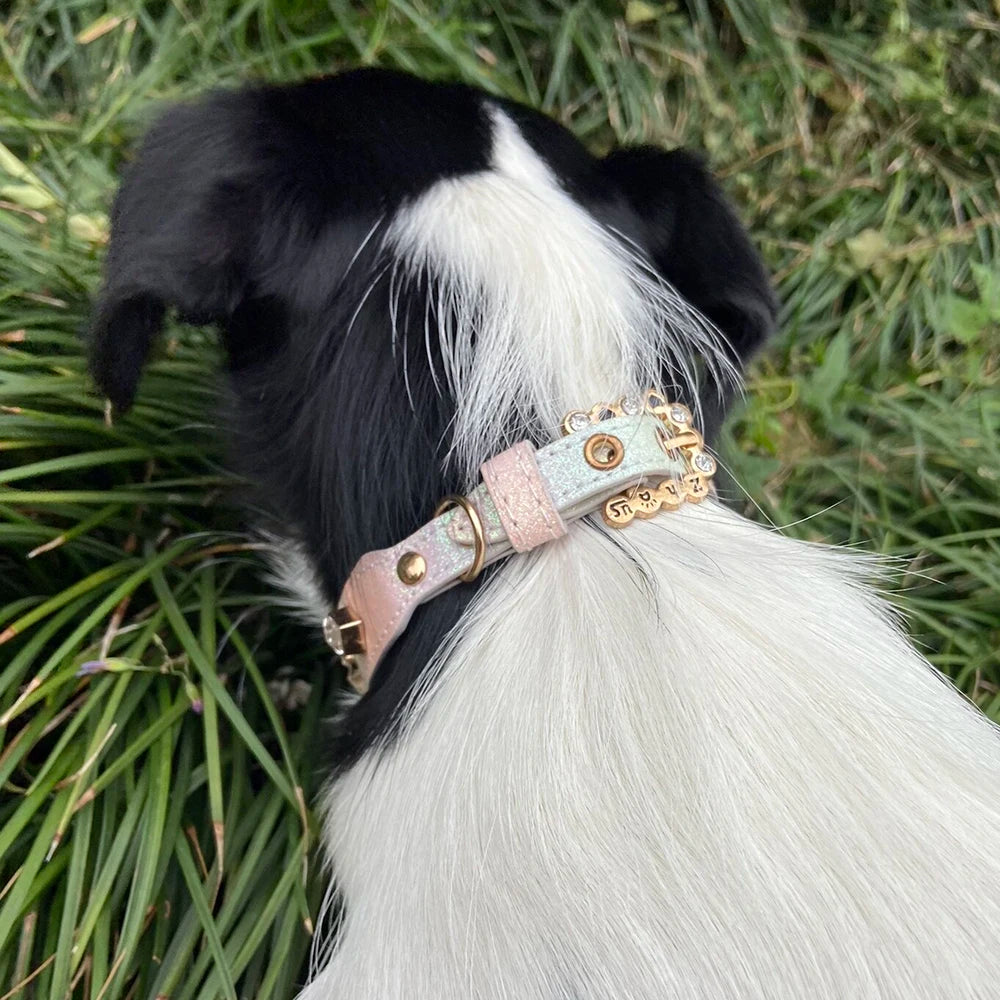 PU Dog Collar Artificial Leather Rhinestone Puppy Necklace Pendant Pet Cat Collar by PawHaven