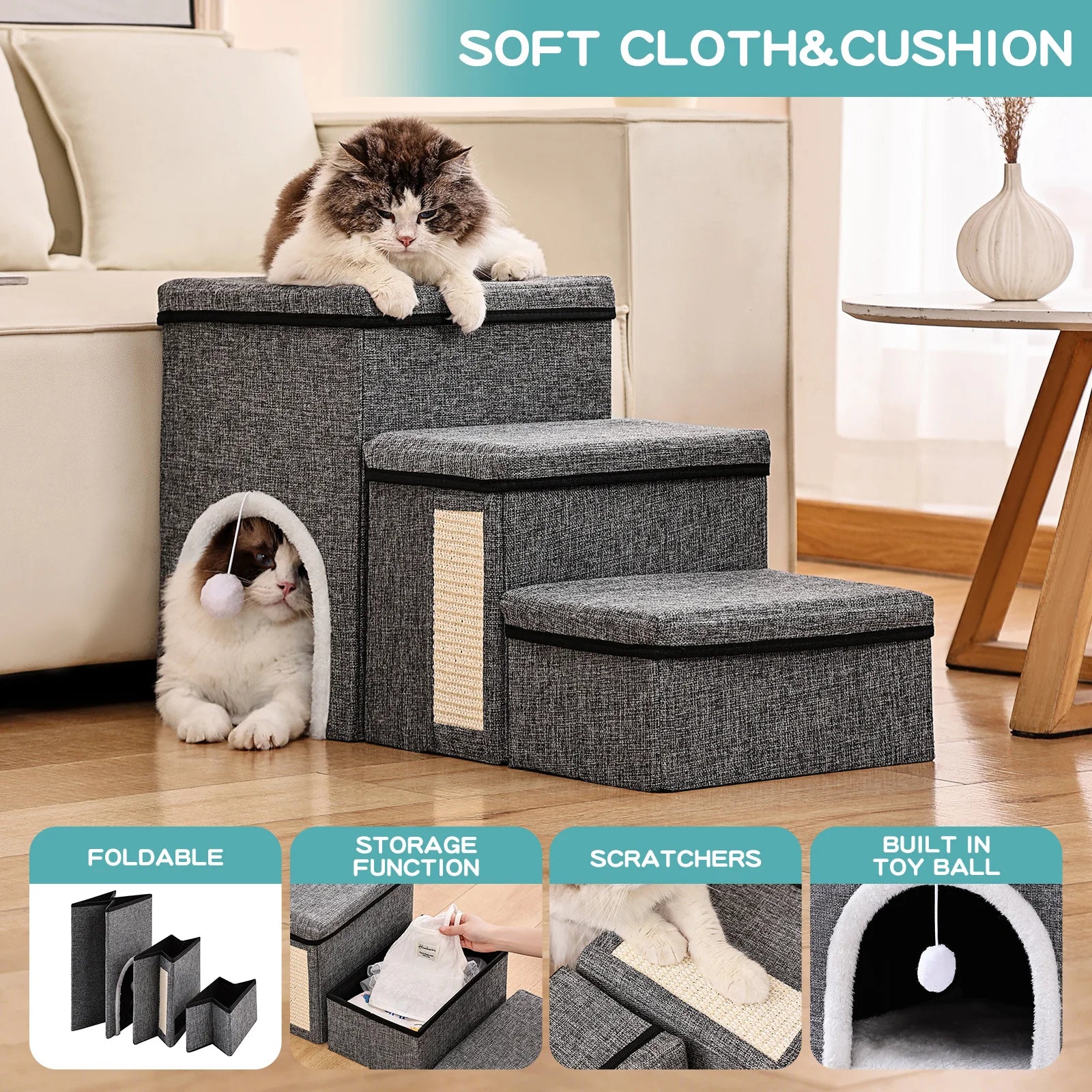 Dog Stairs for Small Dogs, 3 Steps Pet Stairs / Cat Stairs for Bed and Sofa, Folding Stairs with Cat Dog Cave, Non-Slip Base by PawHaven