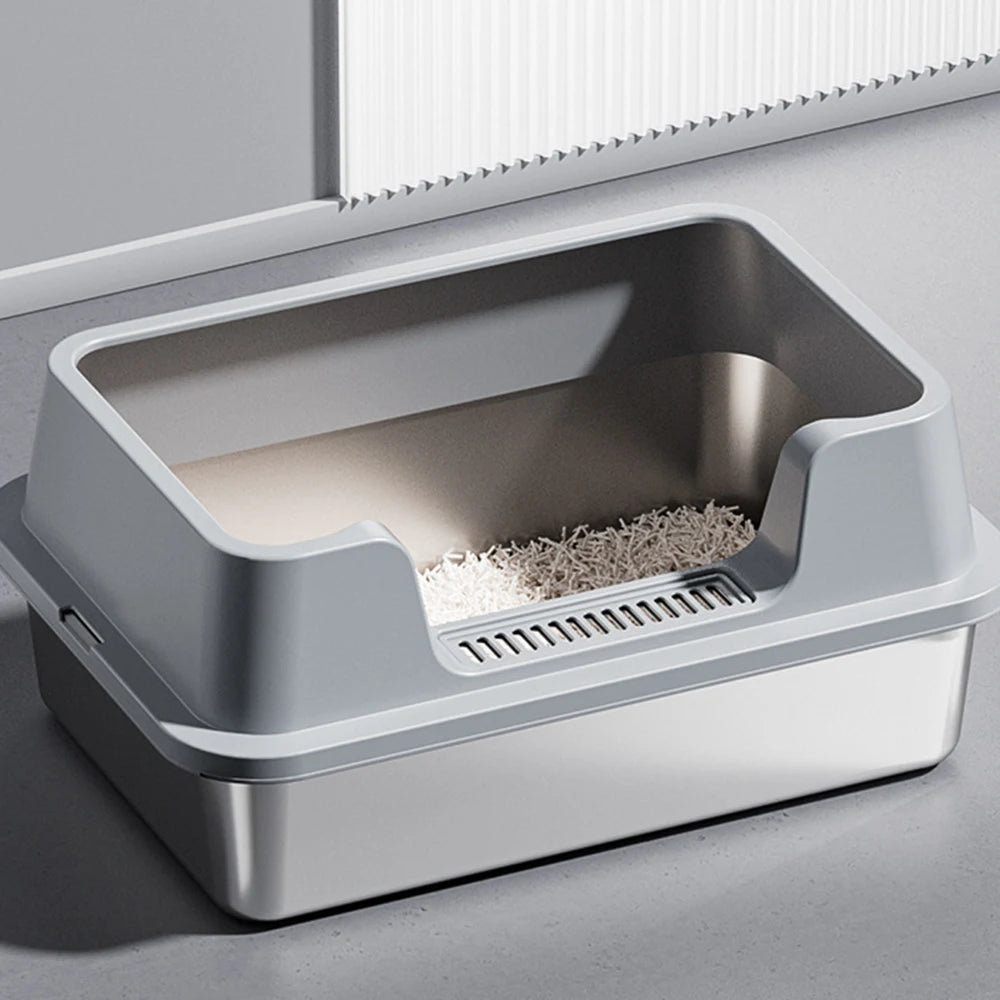 Premium XXL Stainless Steel Cat Litter Tray With Lid by PawHaven