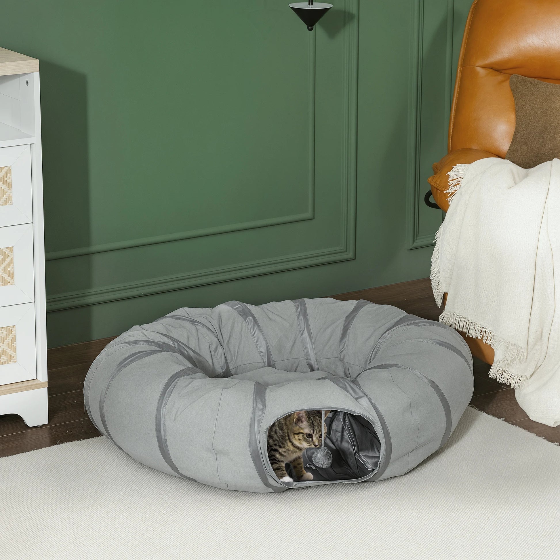 PawHut 2 in 1 Cat Tunnel with Bed, Cat Play Tunnel for Indoor Cats, Grey by PawHaven