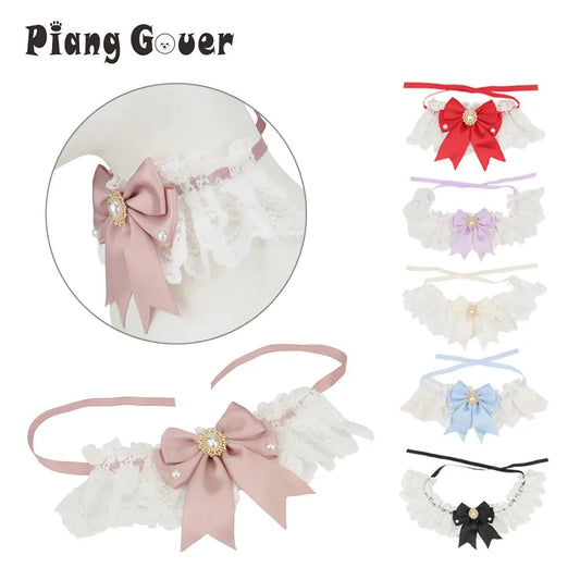 Lace Bow Pet Collar Princess Cat Necklace Tie Dog Collar Puppy Pet Married Christmas Wedding Imitation Diamond Artificial Pearl by PawHaven