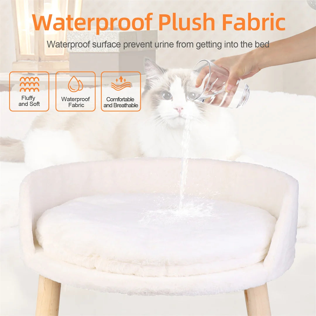 Luxury Cat Bed Soft Warm Plush Fabric Pet Nesting Chair Bed Stool Wood Legs with Cushion Pad Washable Waterproof for Small Pets by PawHaven