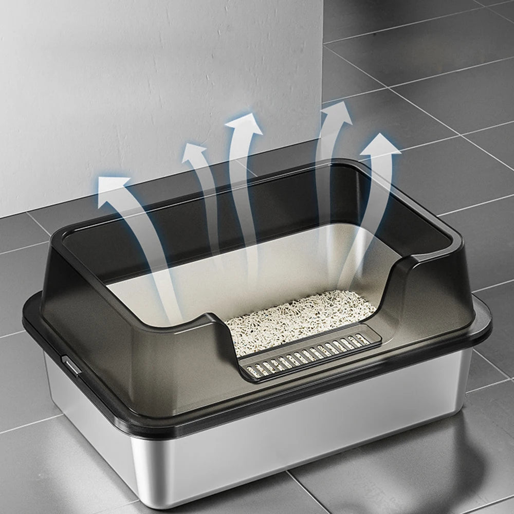 Premium XXL Stainless Steel Cat Litter Tray With Lid by PawHaven