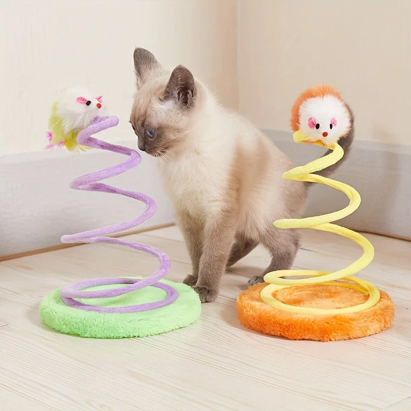 1 PCS Cat Spring Toy Color Mouse Teasing Cat Toy Plush Spring Cat Interactive Toy Feather Self-Hilarious Toy by PawHaven