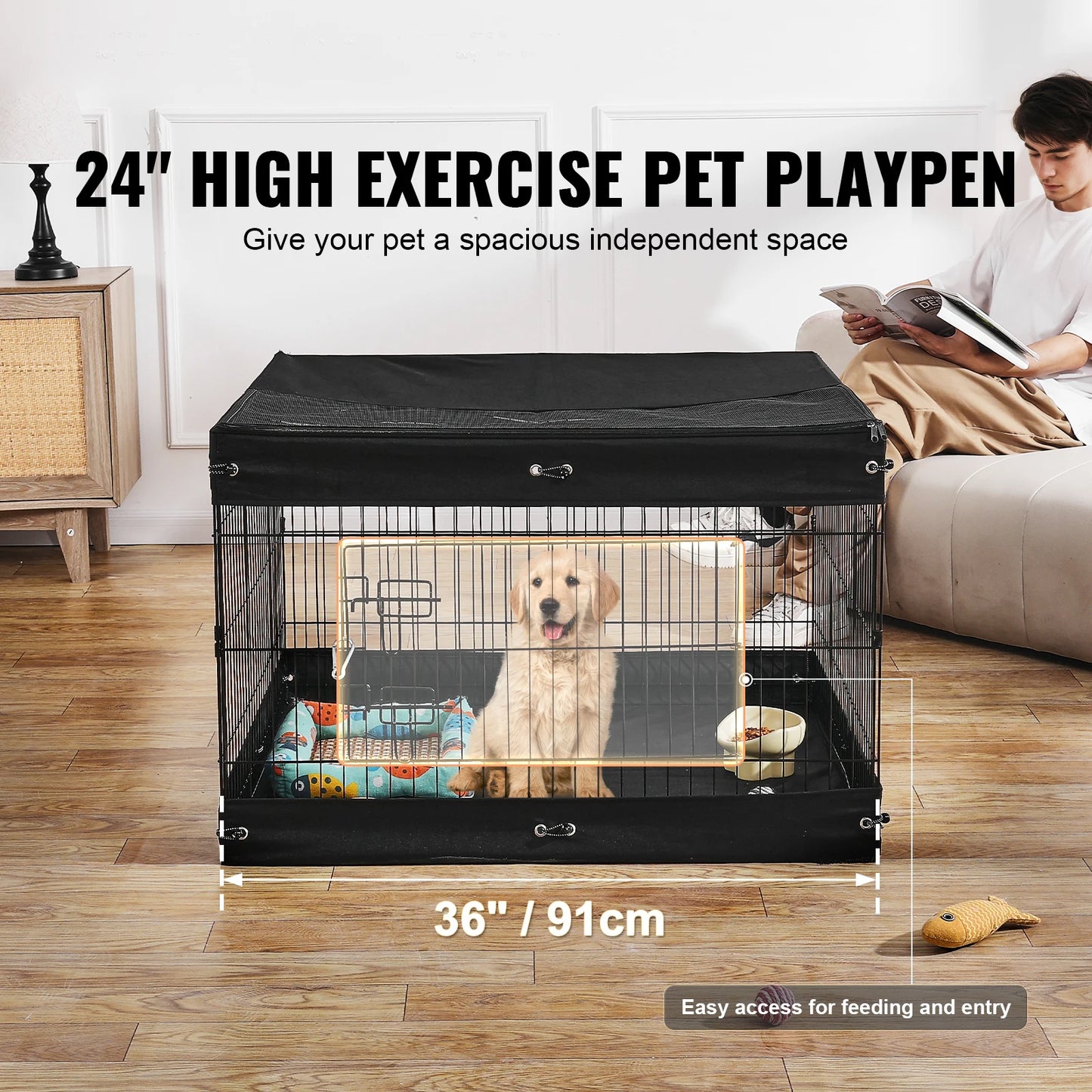 SucceBuy Dog Playpen Panels Foldable Metal Pet Exercise Pen Dog Fence Indoor Outdoor Pen with Top Cover & Bottom Pad for Dogs by PawHaven