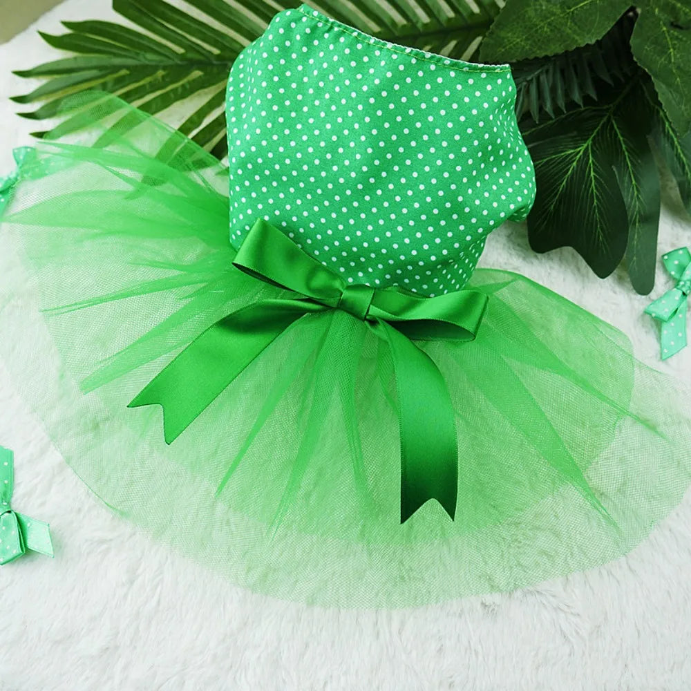 Cute Green Polka Dot Pet Dog Tutu Dress, Big Bow Tulle Skirt Puppy Outfit, Sweet Princess Pet Apparel for Small Dogs & Cats Wear by PawHaven