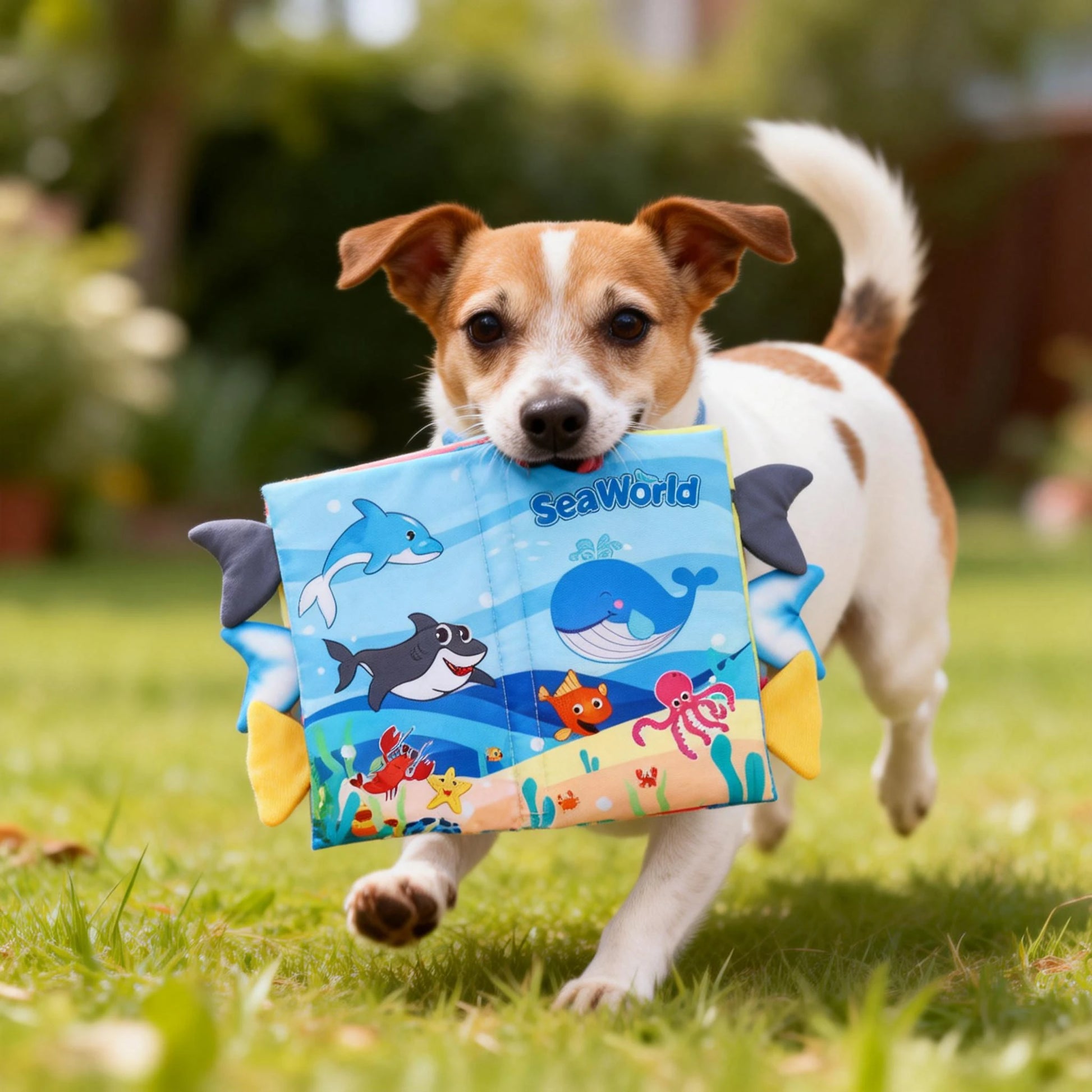 Dog Fabric Book Toy "SeaWorld" | Crinkle Paper & Squeaker Inside | Interactive Chew Toy for Puppies & Small Dogs by PawHaven