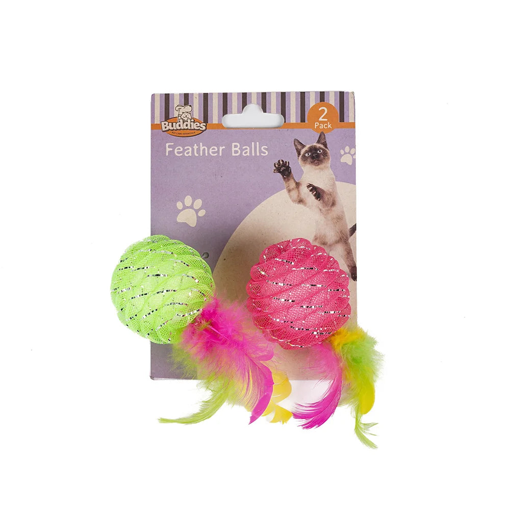 Premium Cat Feather Ball Toy 2 Pack Interactive Rubber Play by PawHaven