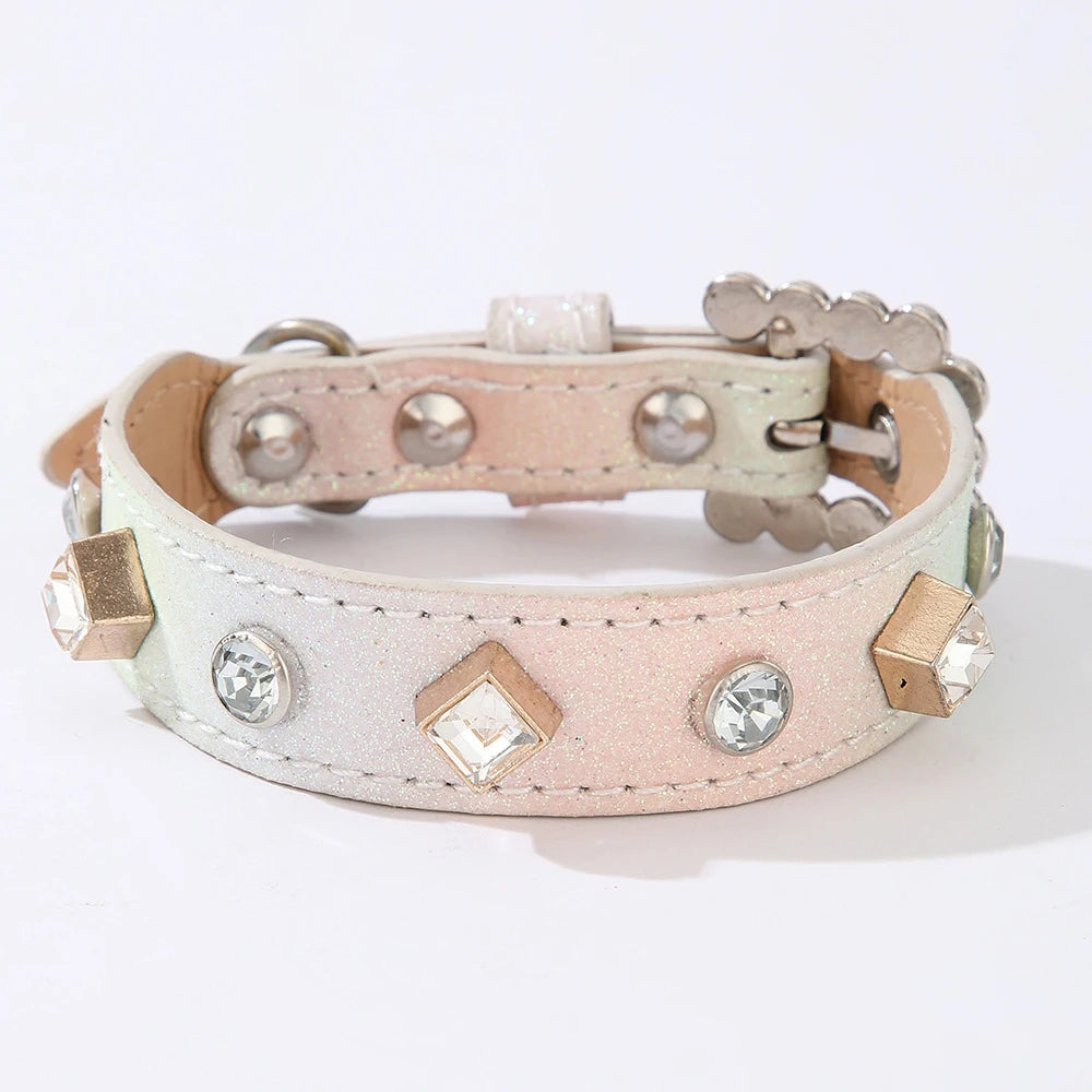 PU Dog Collar Artificial Leather Rhinestone Puppy Necklace Pendant Pet Cat Collar by PawHaven