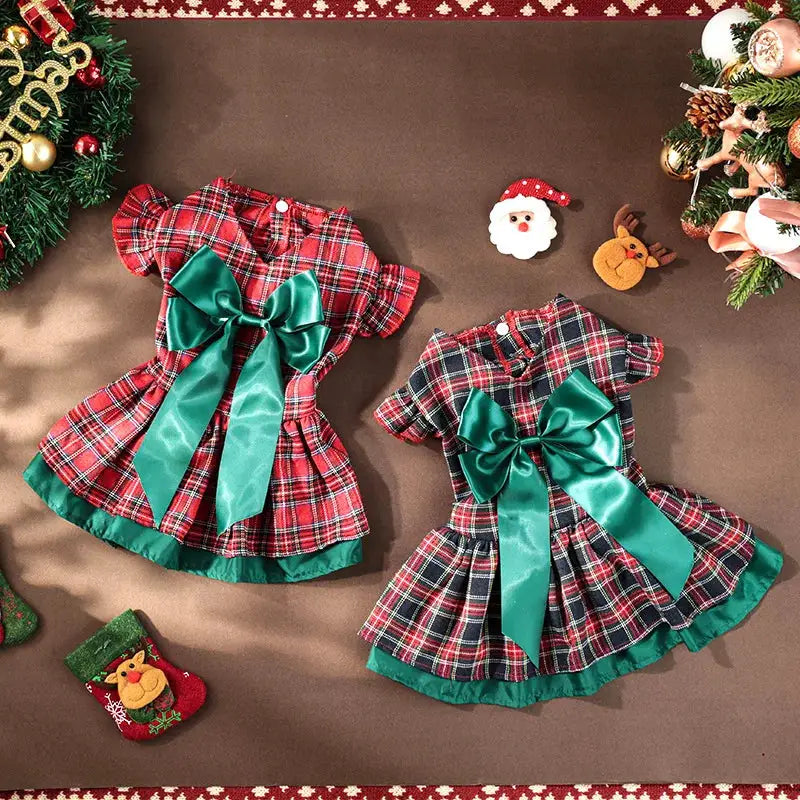 Plaid Christmas Dog Dress with Big Bow, Warm Velvet, S-XL, Holiday Pet Outfit for Small/Medium Dogs by PawHaven