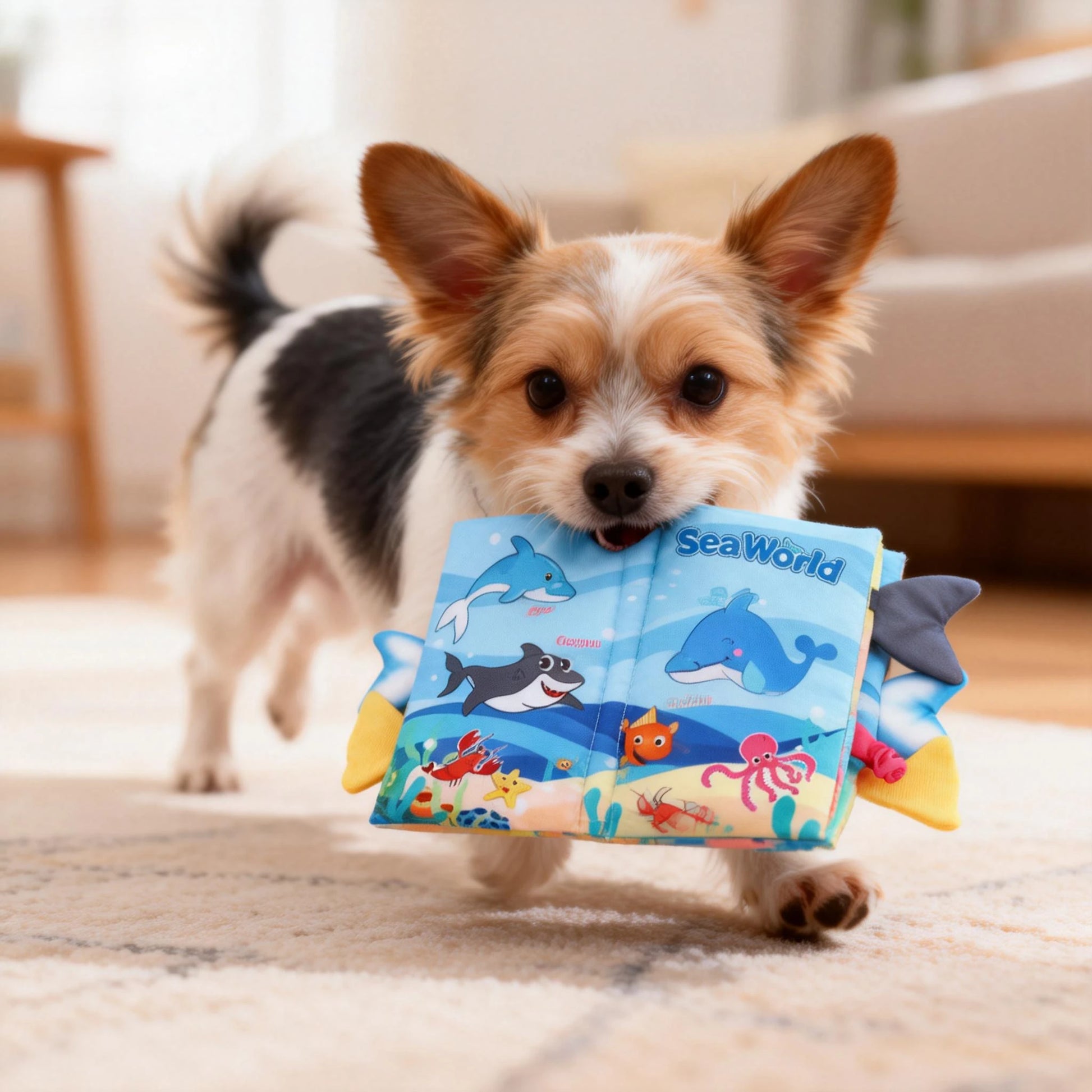Dog Fabric Book Toy "SeaWorld" | Crinkle Paper & Squeaker Inside | Interactive Chew Toy for Puppies & Small Dogs by PawHaven