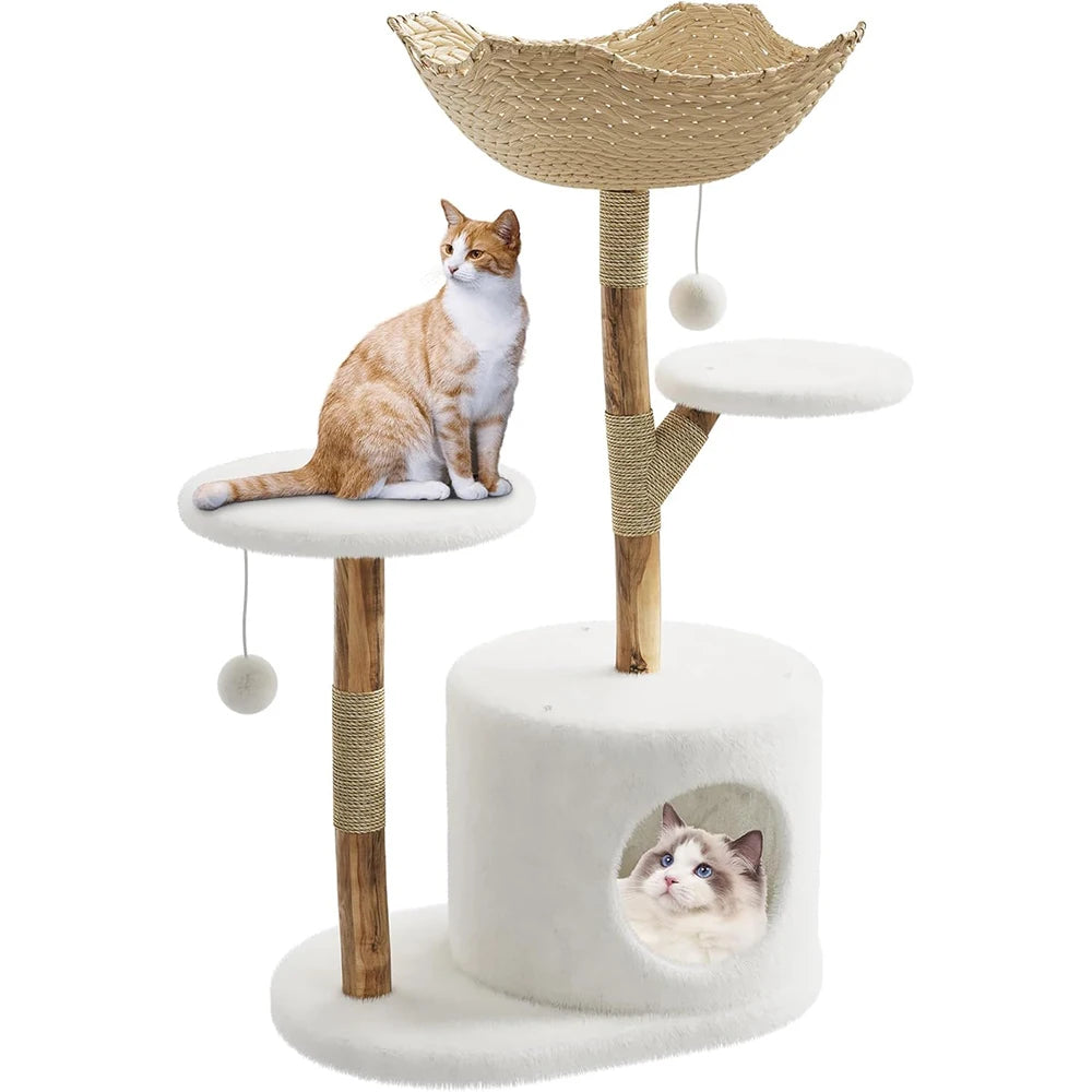 Real Wood Modern Cat Tree Tower With Wicker Condo Scratching Post Bed Boho Luxury Pet Furniture Indoor Cats Space-Saving by PawHaven