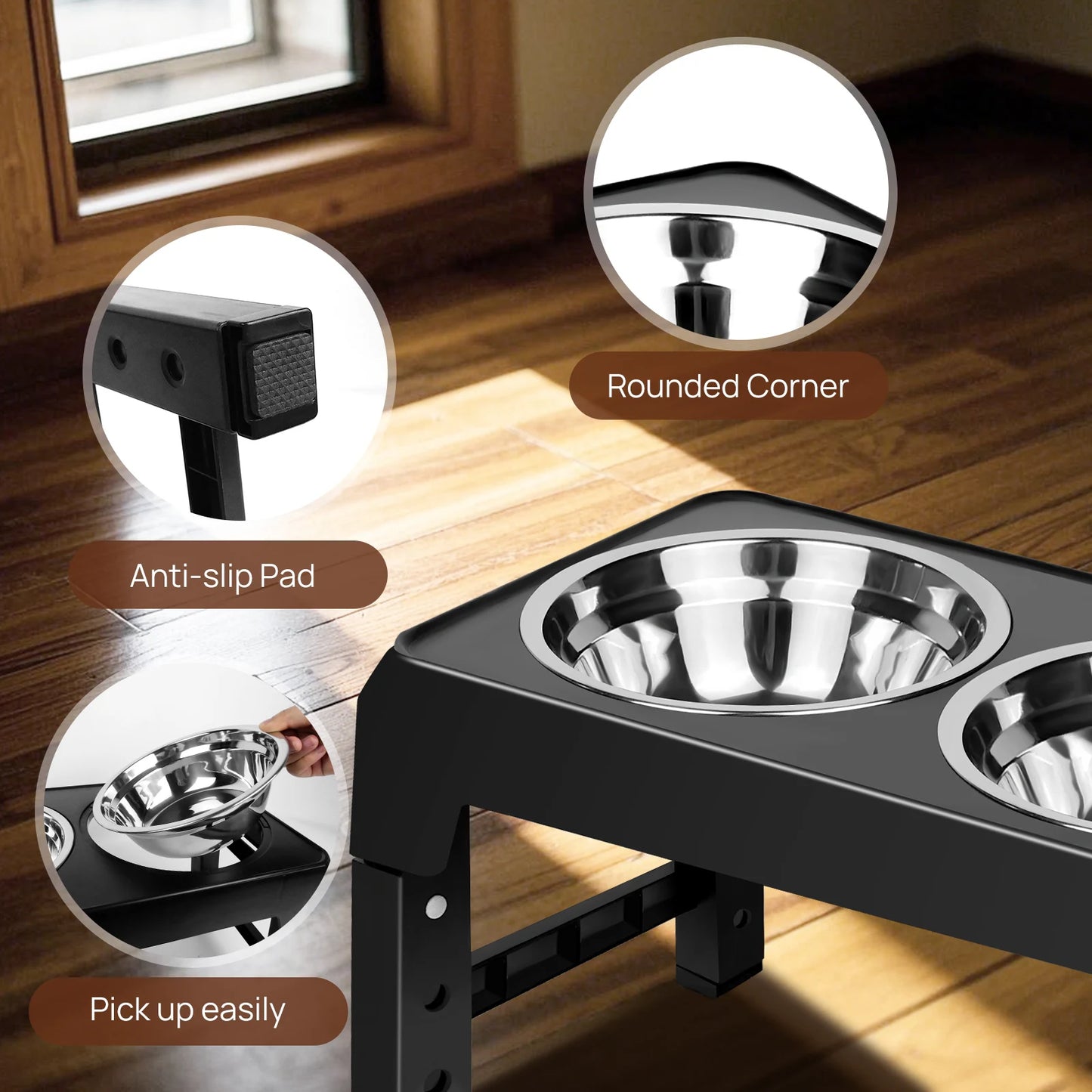 Elevated Dog Feeder Bowls Adjustable Raised Stand with Double Stainless Steel Food Water Bowls Small Medium Large Dogs by PawHaven