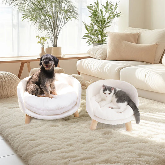 Luxury Cat Bed Soft Warm Plush Fabric Pet Nesting Chair Bed Stool Wood Legs with Cushion Pad Washable Waterproof for Small Pets by PawHaven