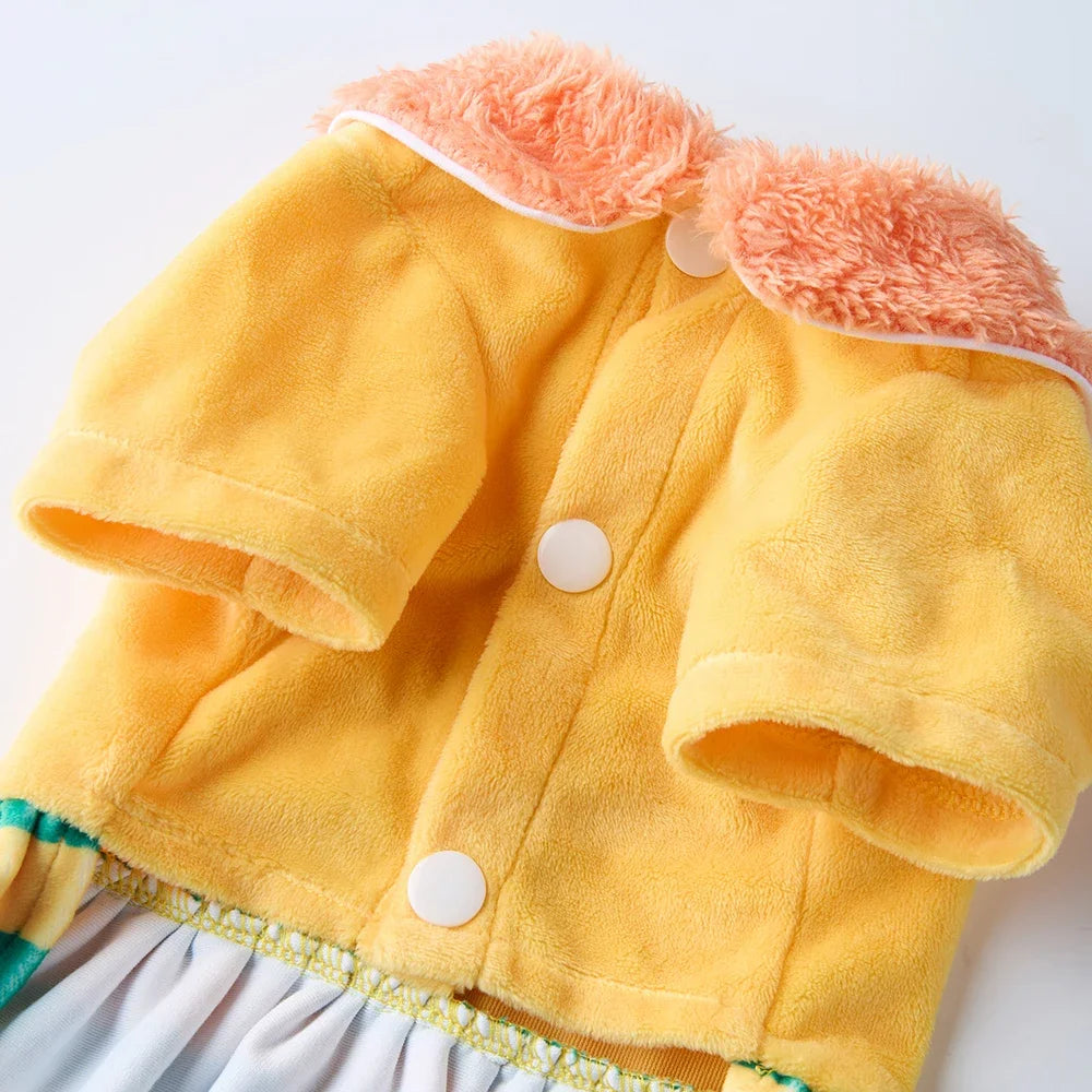 Yellow Striped Skirt Warm Fleece Dog Dress with Hat, Reindeer Xmas Outfit, Soft Winter Pet Costume for Small to MIDDLE Dogs by PawHaven