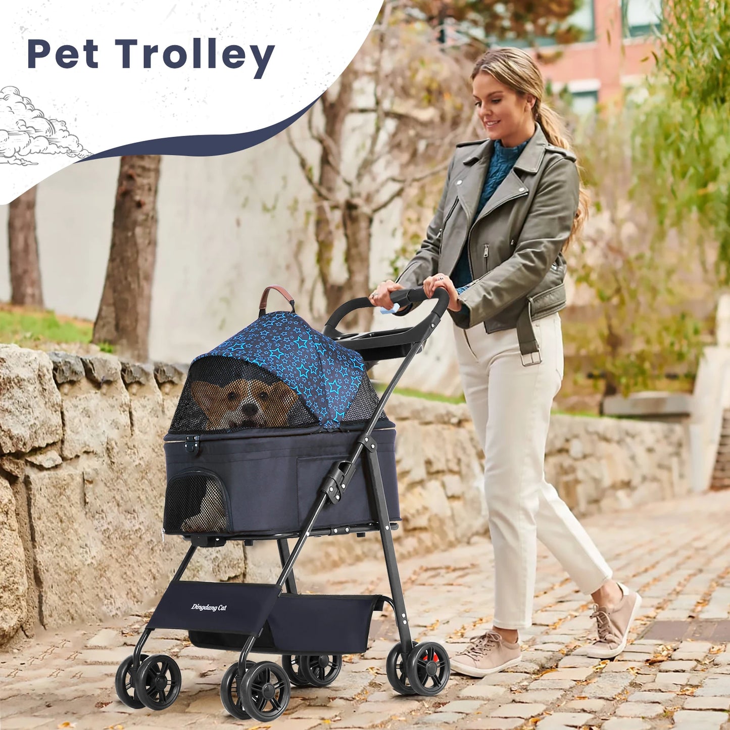 Pet Stroller for Dogs and Cats，Portable Pet Pram, Lightweight Folding Design with Safety Harness and Mesh Ventilation by PawHaven