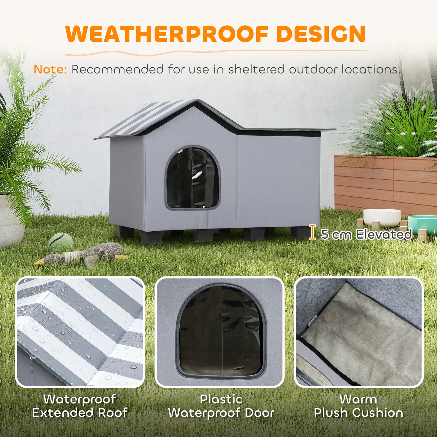 PawHut Outdoor Cat House, Feral Cat Cave with Elevated Base, Grey by PawHaven