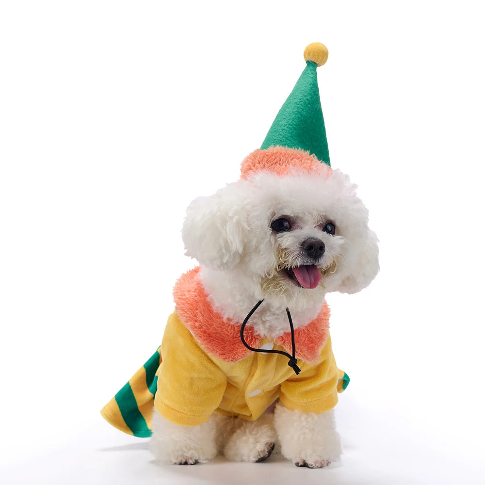 Yellow Striped Skirt Warm Fleece Dog Dress with Hat, Reindeer Xmas Outfit, Soft Winter Pet Costume for Small to MIDDLE Dogs by PawHaven