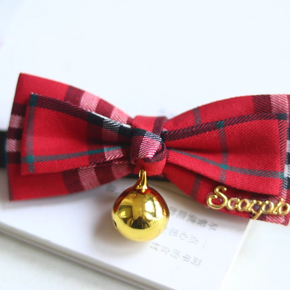 Cute Strawberry Butterfly Bow Pet Collar, British Plaid Adjustable Bell Collar for Cats and Small Medium Dogs Plaid Pet Collar by PawHaven
