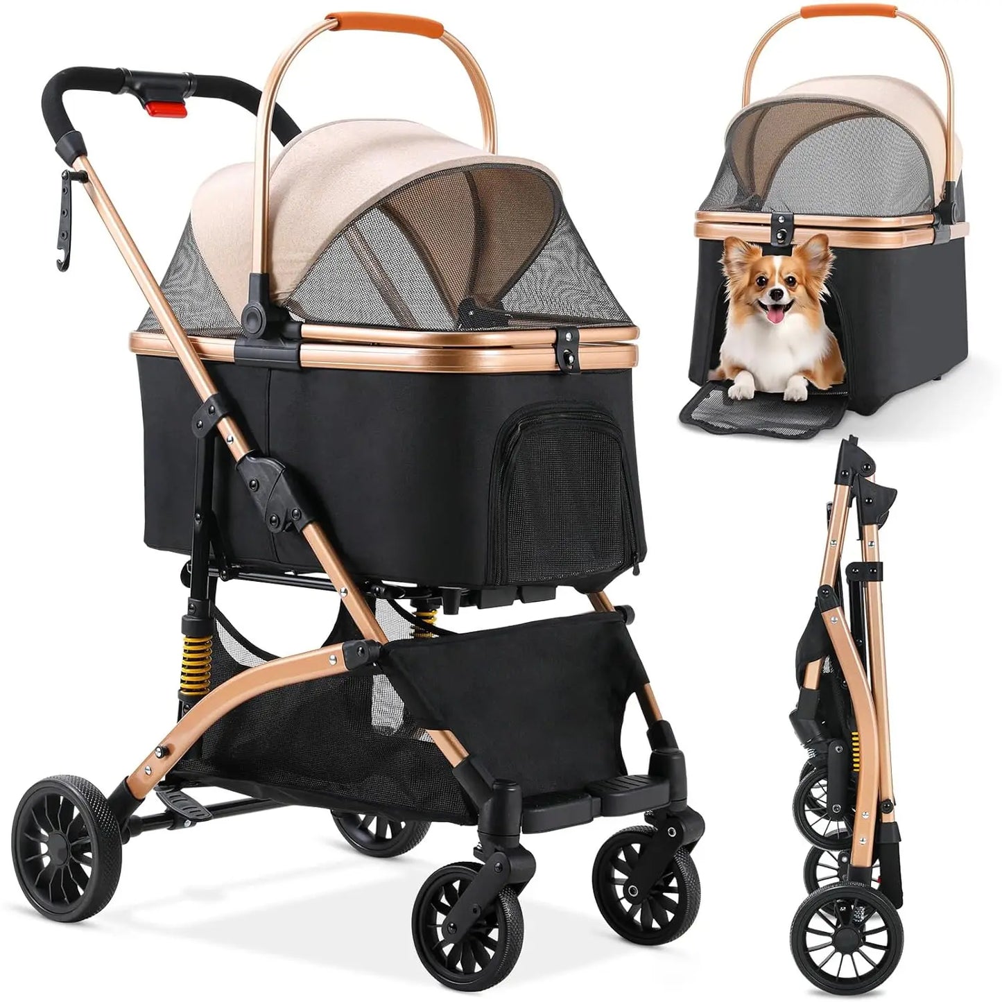 Dog Buggy 2 in 1 Stroller Dog Box Transport Foldable Cat Stroller, 360° Wear-resistant Rubber Wheels, with Storage Basket by PawHaven