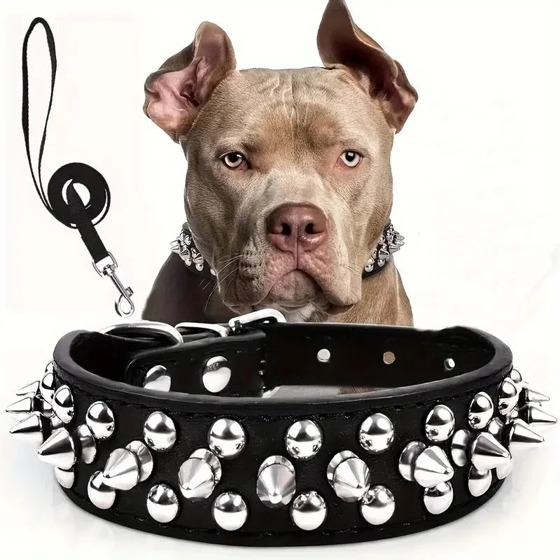 Spiked Dog Collar And Leash Set, Rivet Leather Dog Collar Adjustable Dog Collar For Outdoor Walking by PawHaven