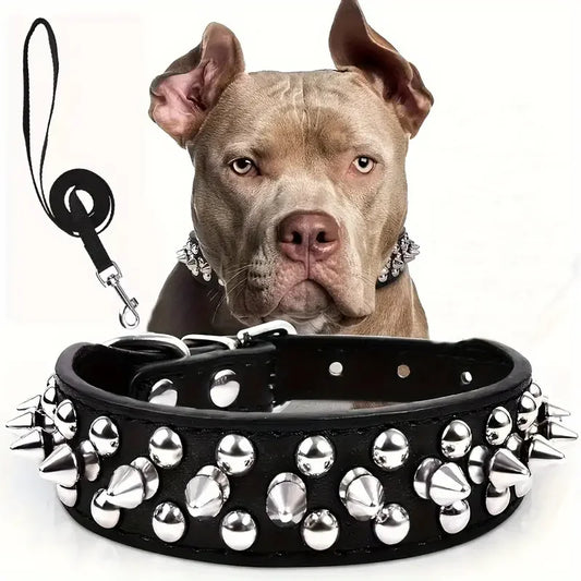 Spiked Dog Collar And Leash Set, Rivet Leather Dog Collar Adjustable Dog Collar For Outdoor Walking by PawHaven
