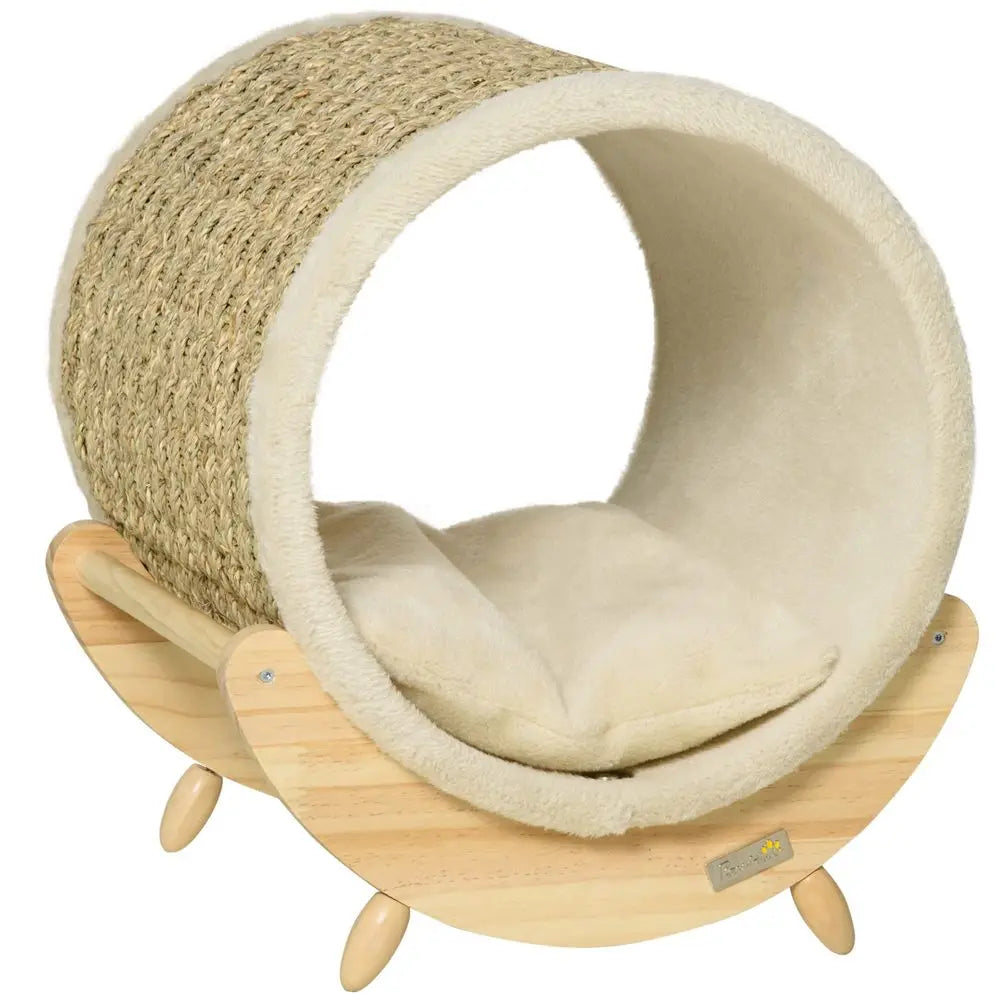 Raised Cat House Kitten Bed Pet Shelter Wrapped with Scratcher Soft Cushion, 41 x 38 x 43 cm, Beige by PawHaven