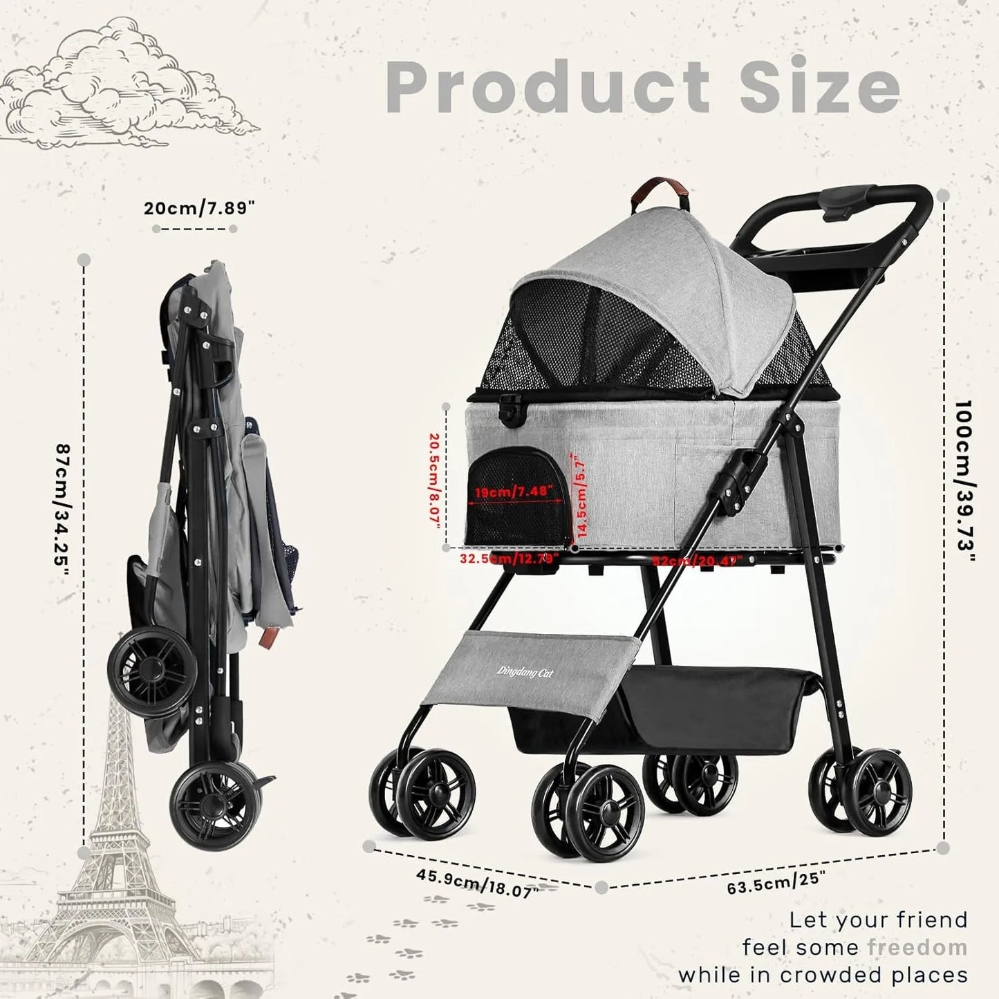 Pet Stroller for Dogs and Cats，Portable Pet Pram, Lightweight Folding Design with Safety Harness and Mesh Ventilation by PawHaven