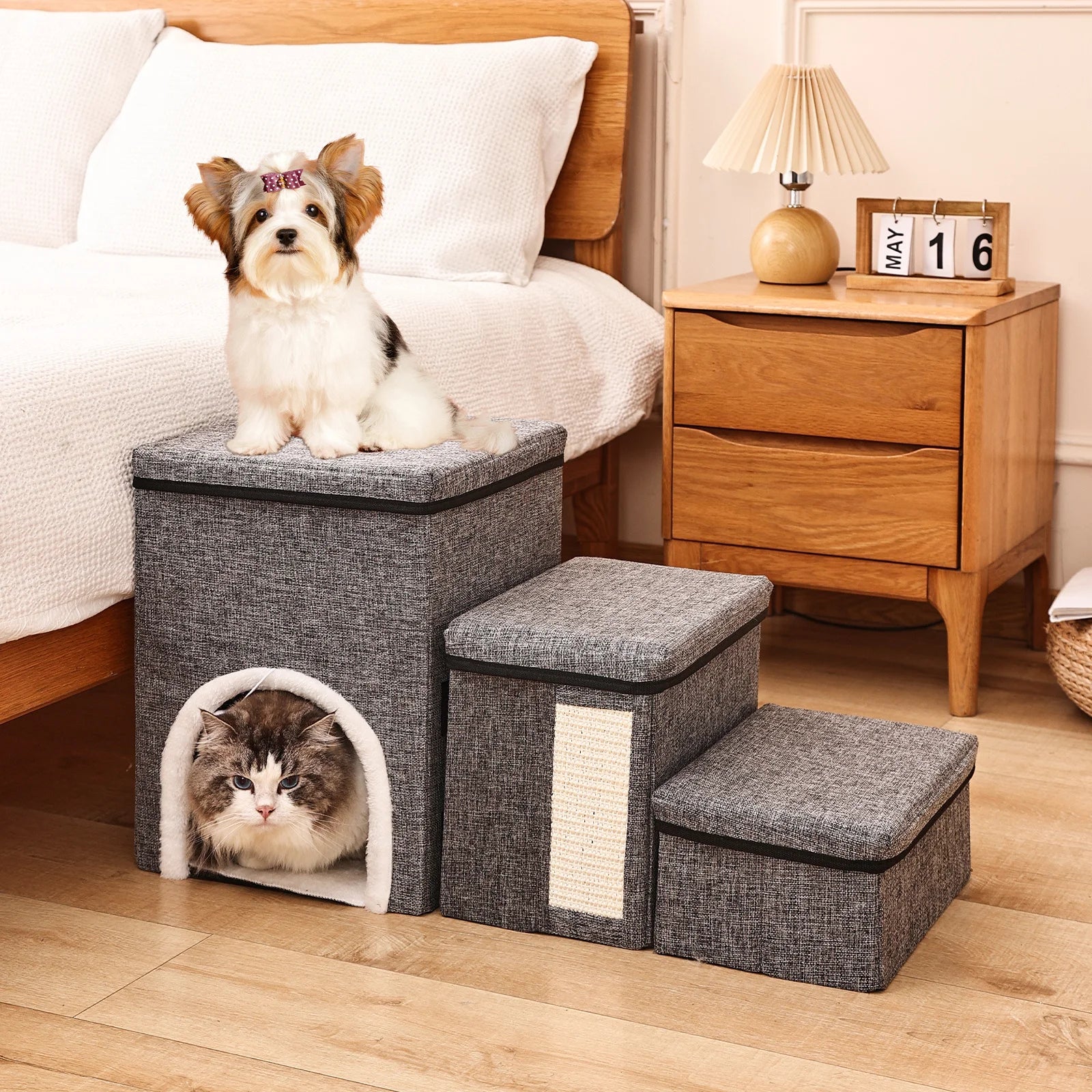 Dog Stairs for Small Dogs, 3 Steps Pet Stairs / Cat Stairs for Bed and Sofa, Folding Stairs with Cat Dog Cave, Non-Slip Base by PawHaven