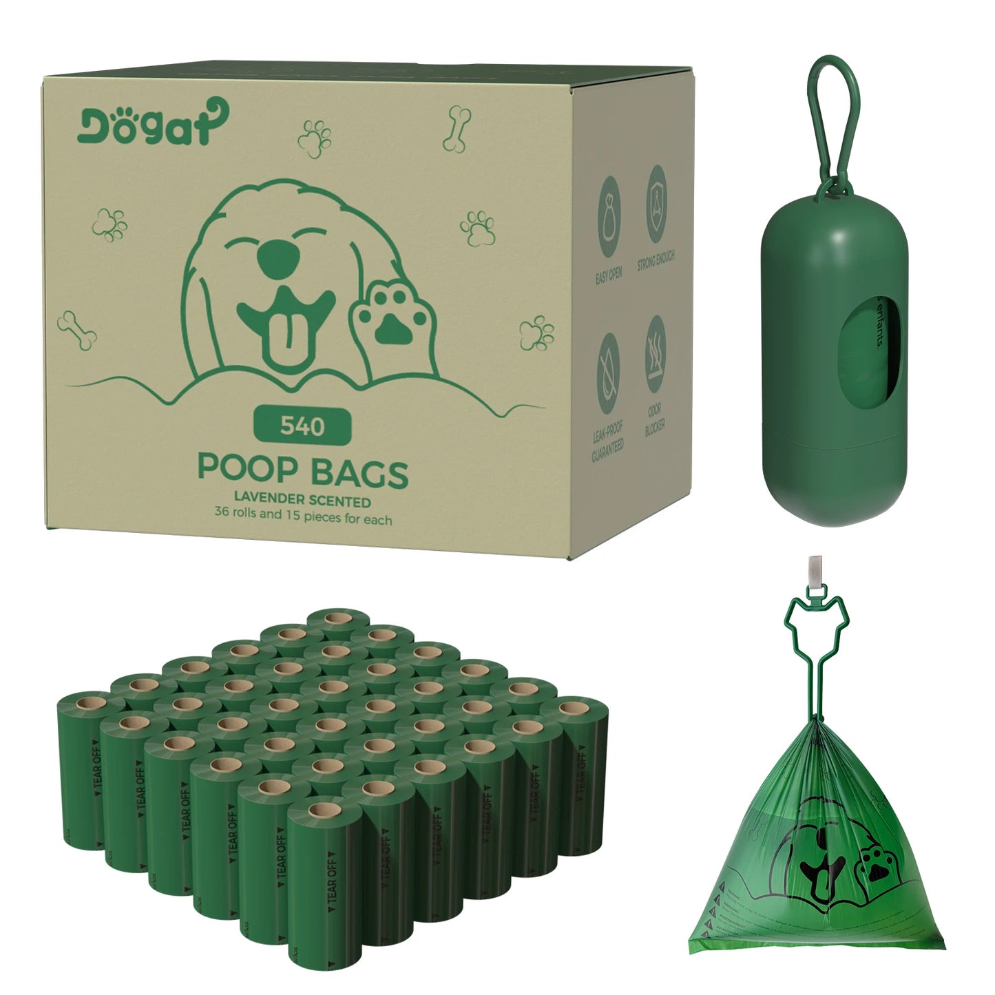 Dog Poop Bags with Dispenser - 540 Lavender Scented Waste Bags (36 Rolls) for Small/Large Dogs, Includes Carrier by PawHaven